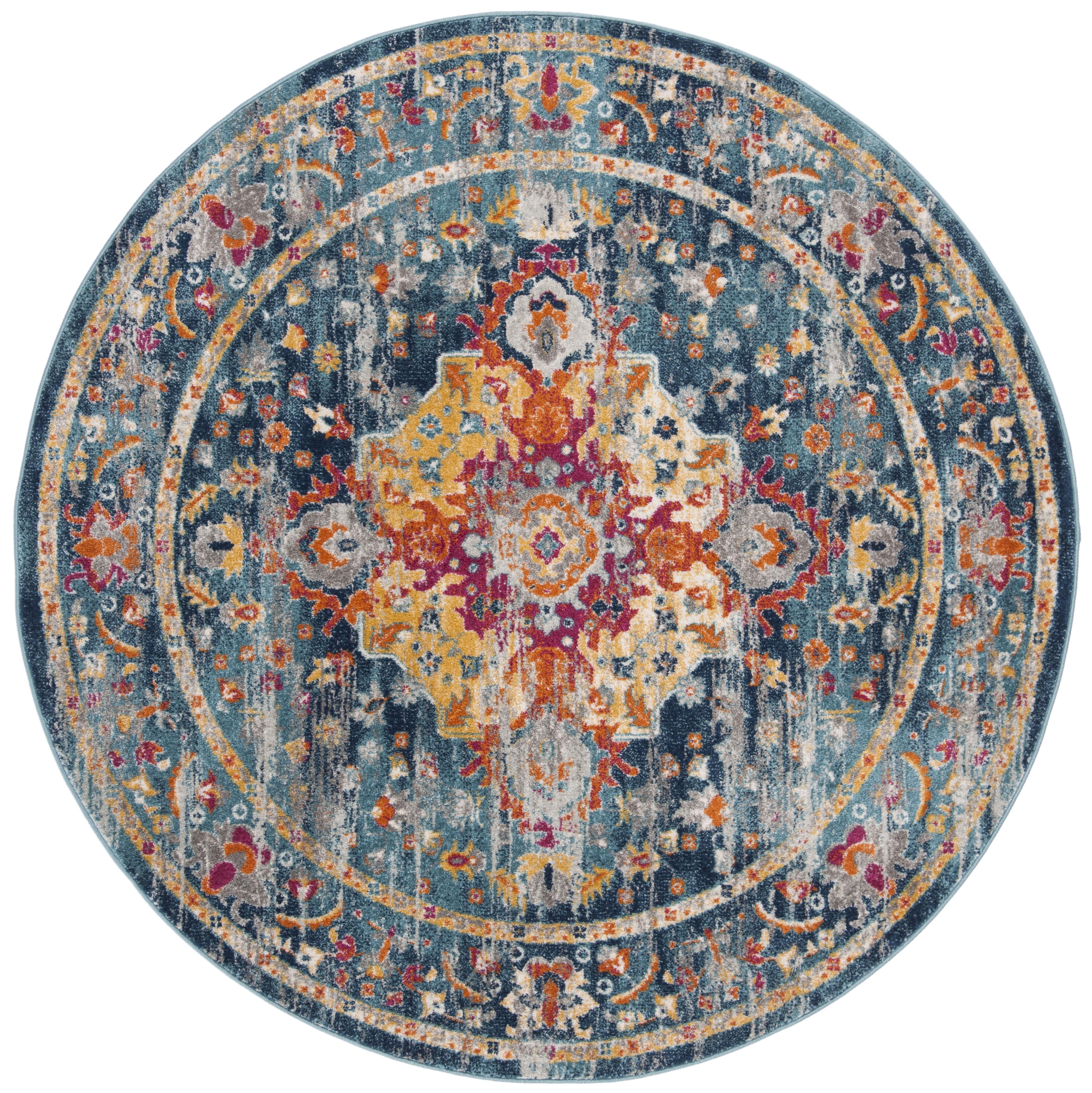 Teal & Fuchsia 59" Round Synthetic Easy-Care Area Rug