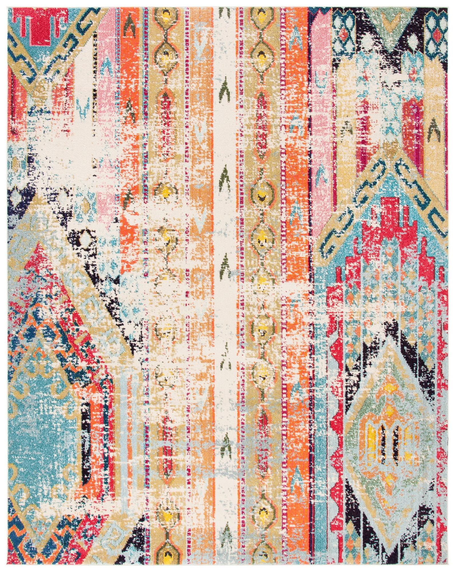 Boho Chic Blue and Orange Synthetic Square Rug