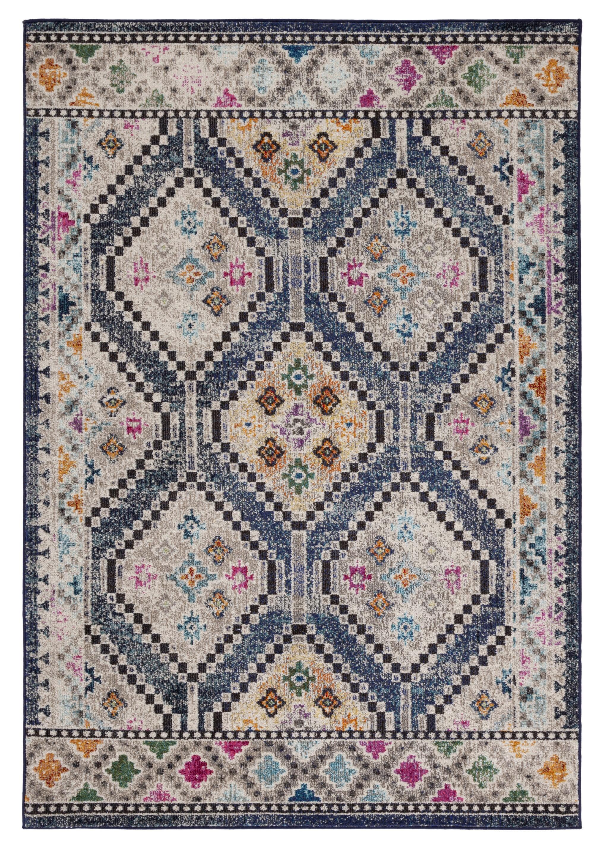 Navy and Beige Rectangular Synthetic Area Rug