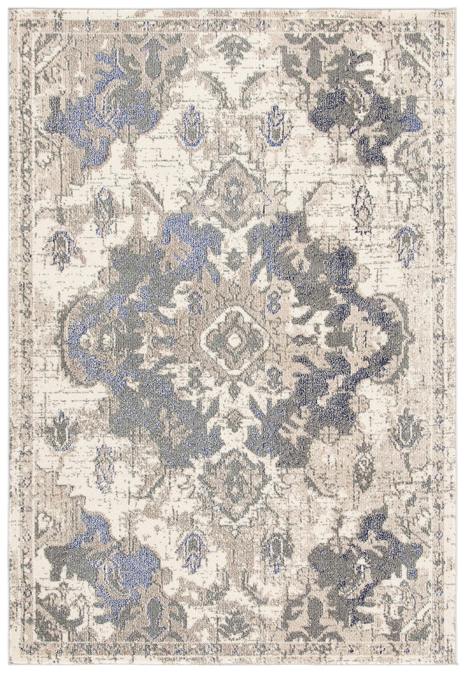 Beige and Purple Distressed Rectangular Synthetic Area Rug