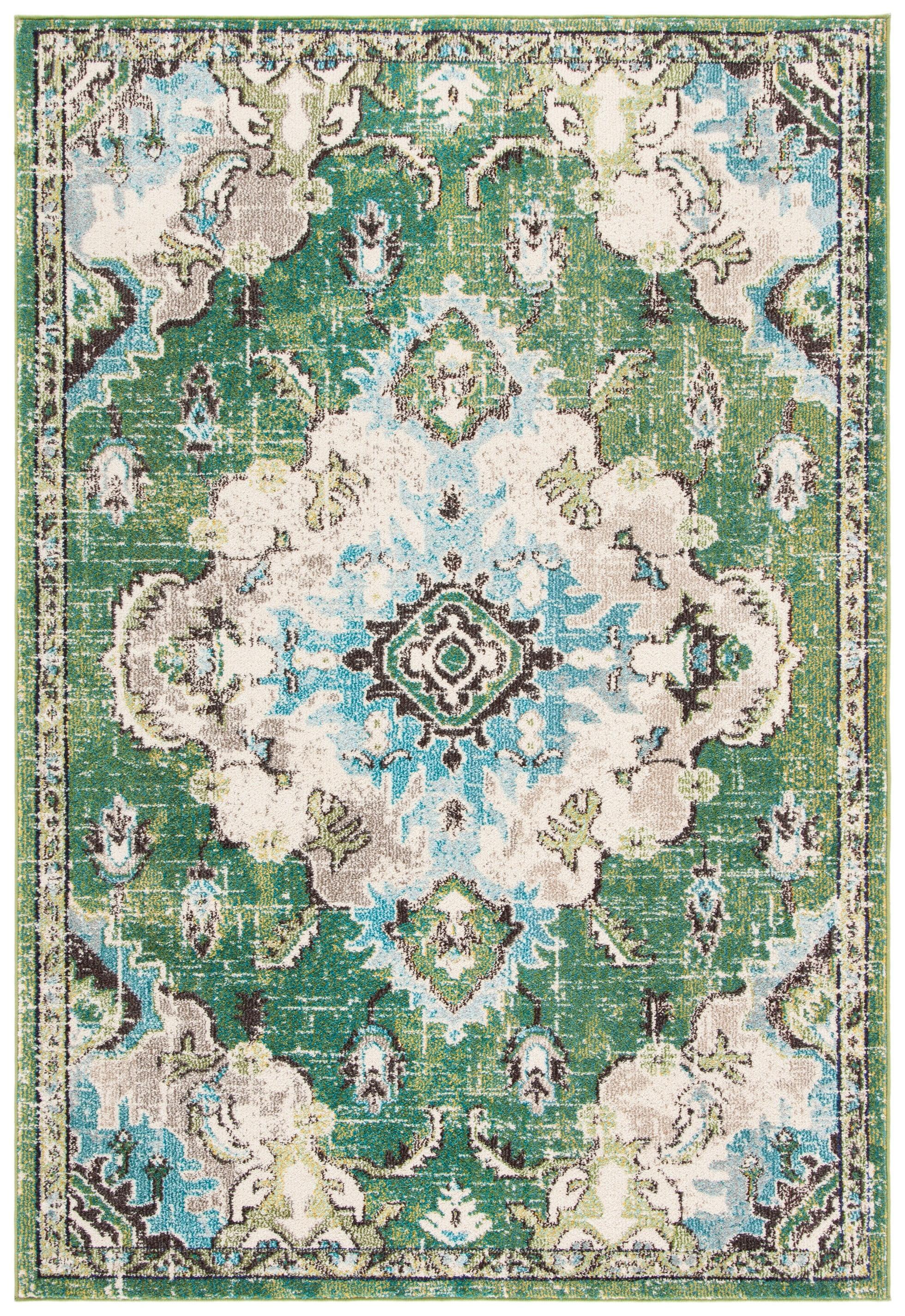 SAFAVIEH Madison Elinor Traditional Distressed Area Rug, Green/Light Blue, 11' x 15'