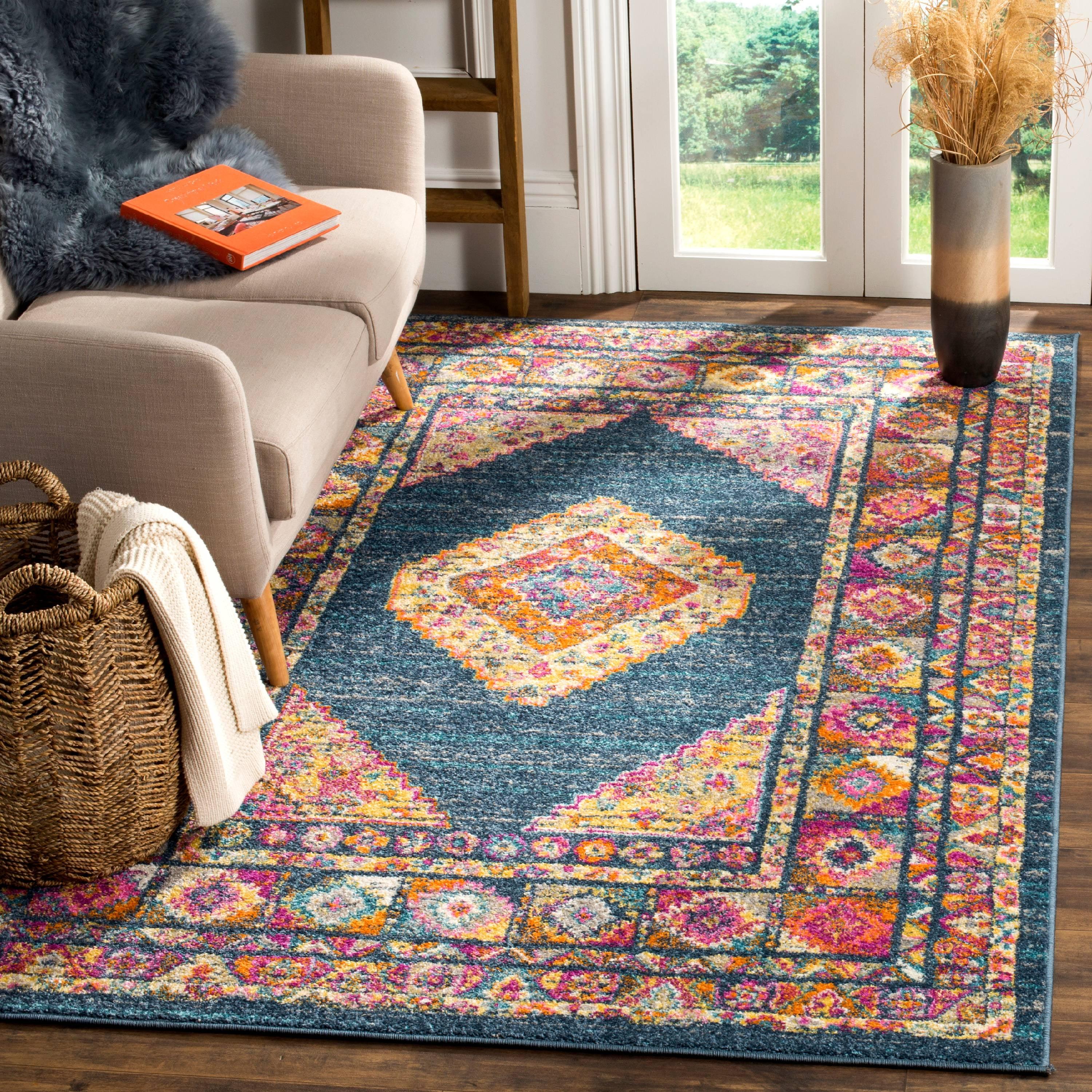 Luxe Boho Chic Blue/Fuchsia Square Flat Woven Synthetic Area Rug, 10' x 14'