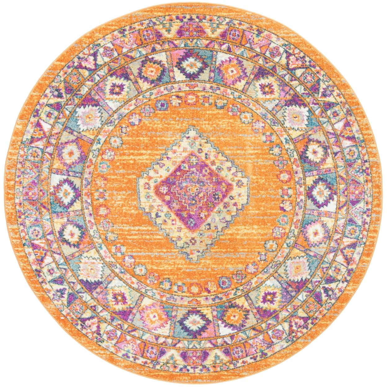 5'1" Round Orange and Fuchsia Synthetic Boho Chic Medallion Rug