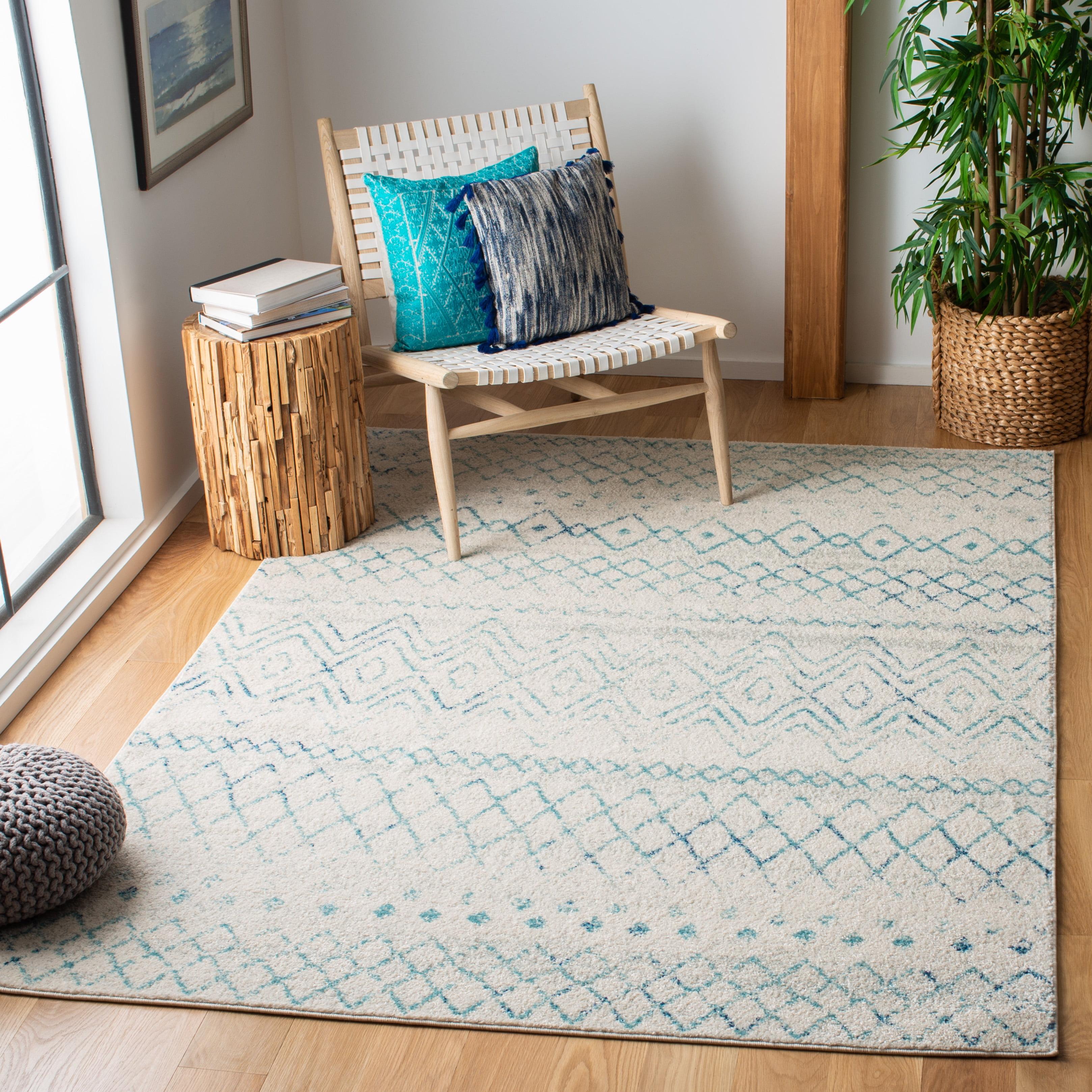 Ivory and Aqua Hand-Knotted Synthetic Area Rug