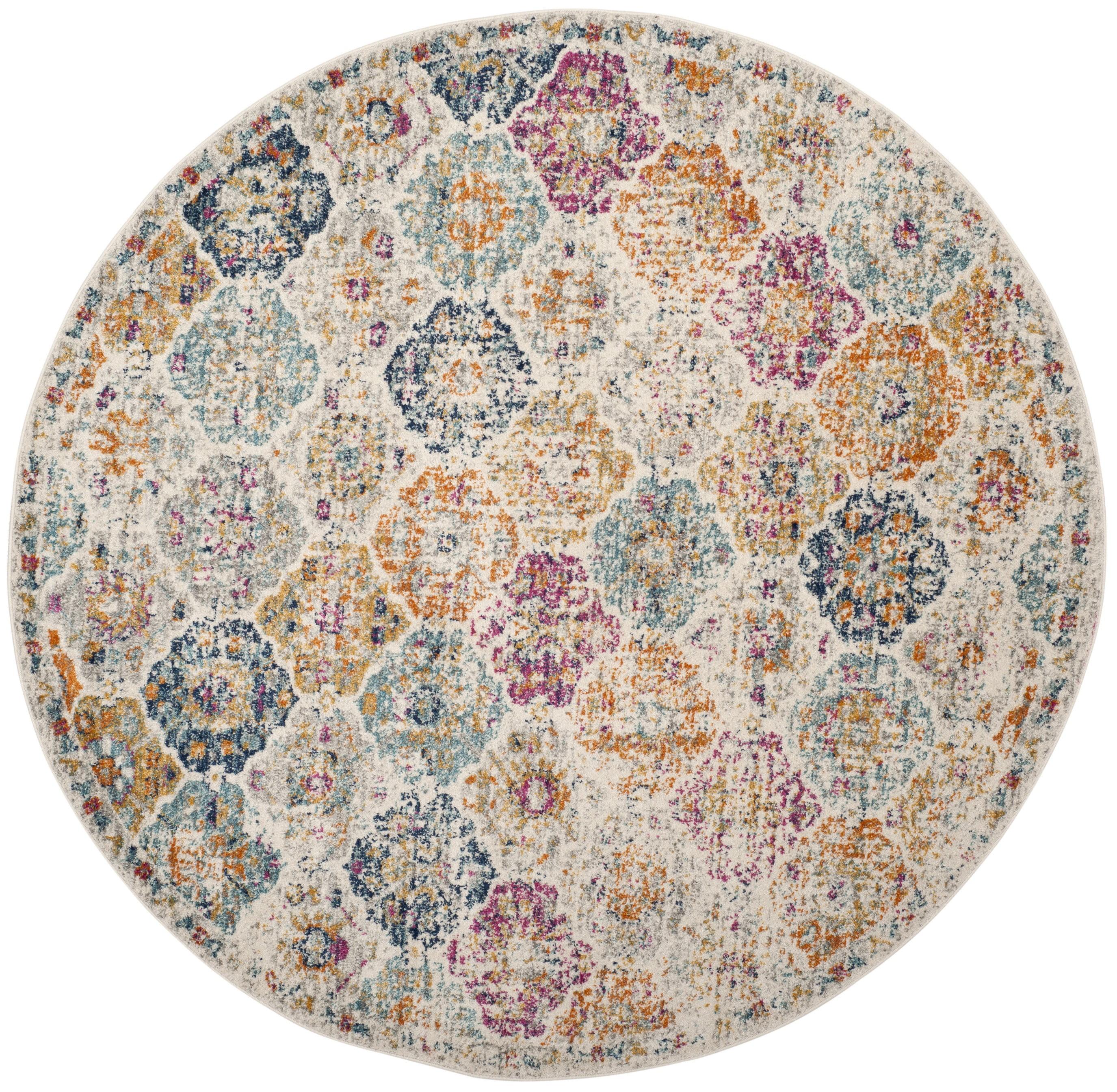 Blue and Multi-Color Round Cotton Synthetic Area Rug