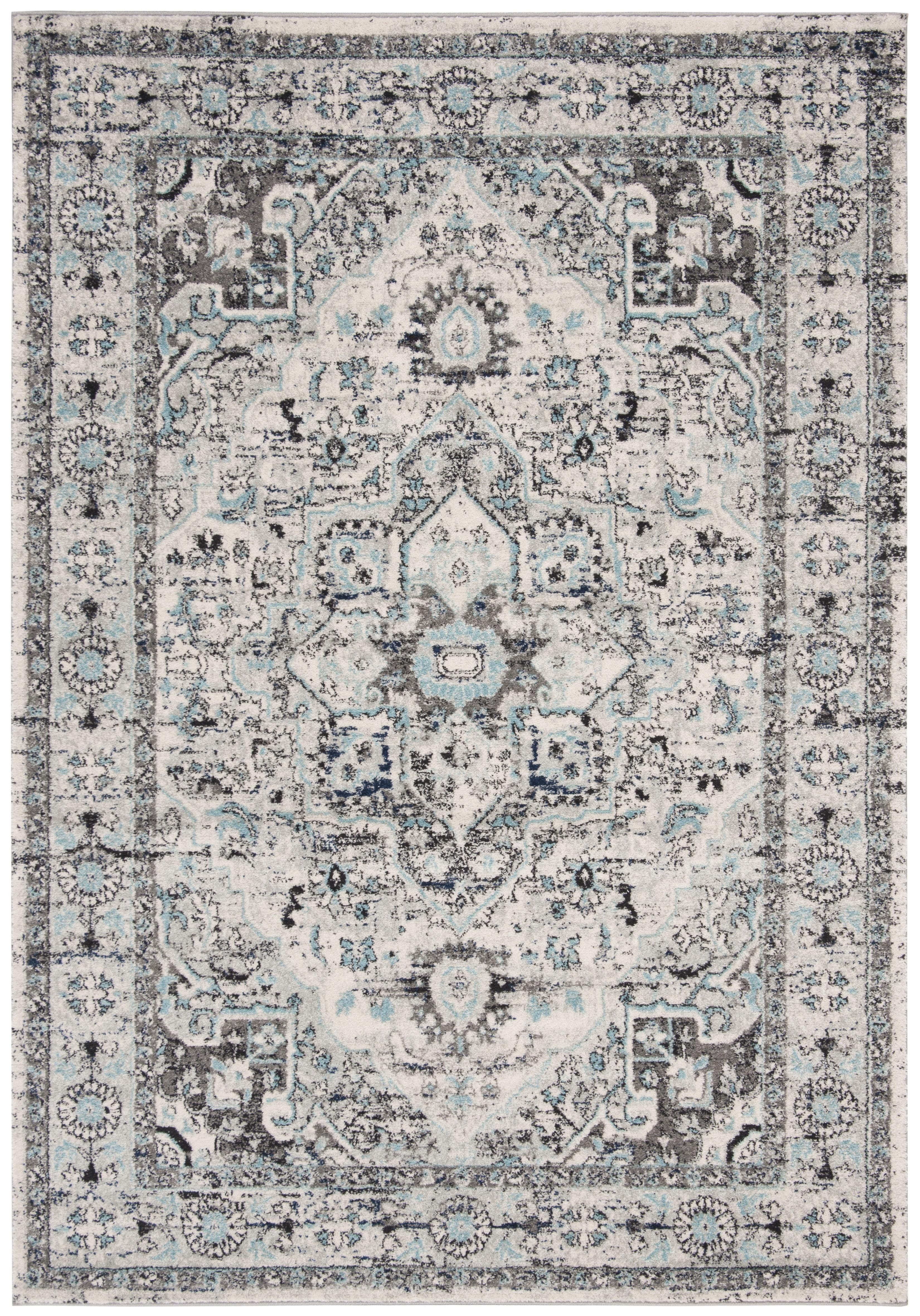 Light Grey and Blue Rectangular Synthetic Area Rug