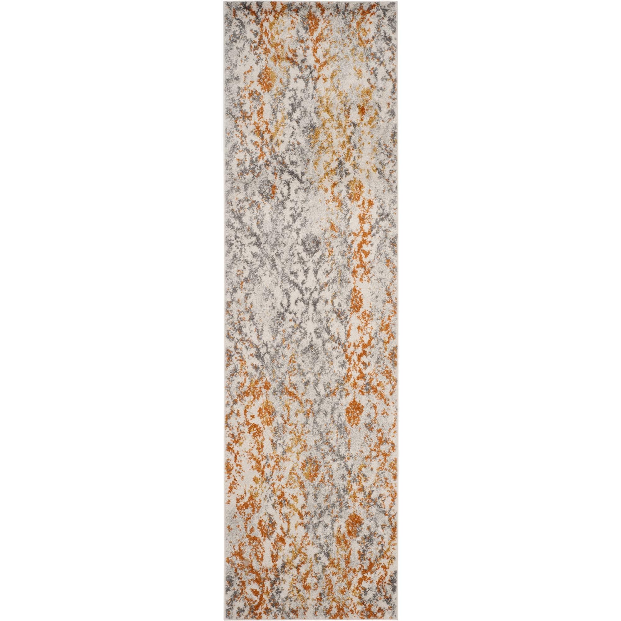 Ivory and Orange Damask Low Pile Runner Rug