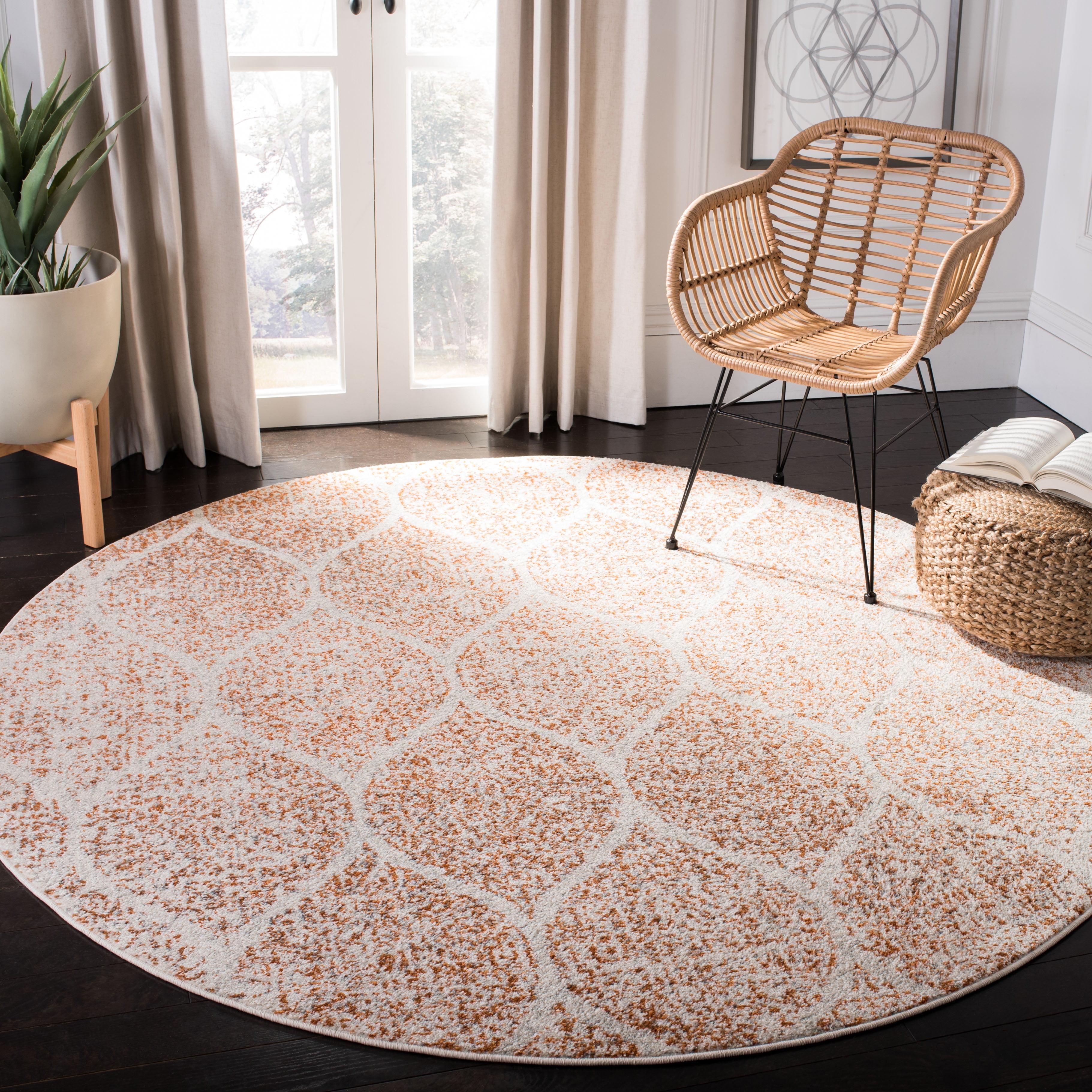 Transitional Cream/Orange Synthetic 59" Round Area Rug