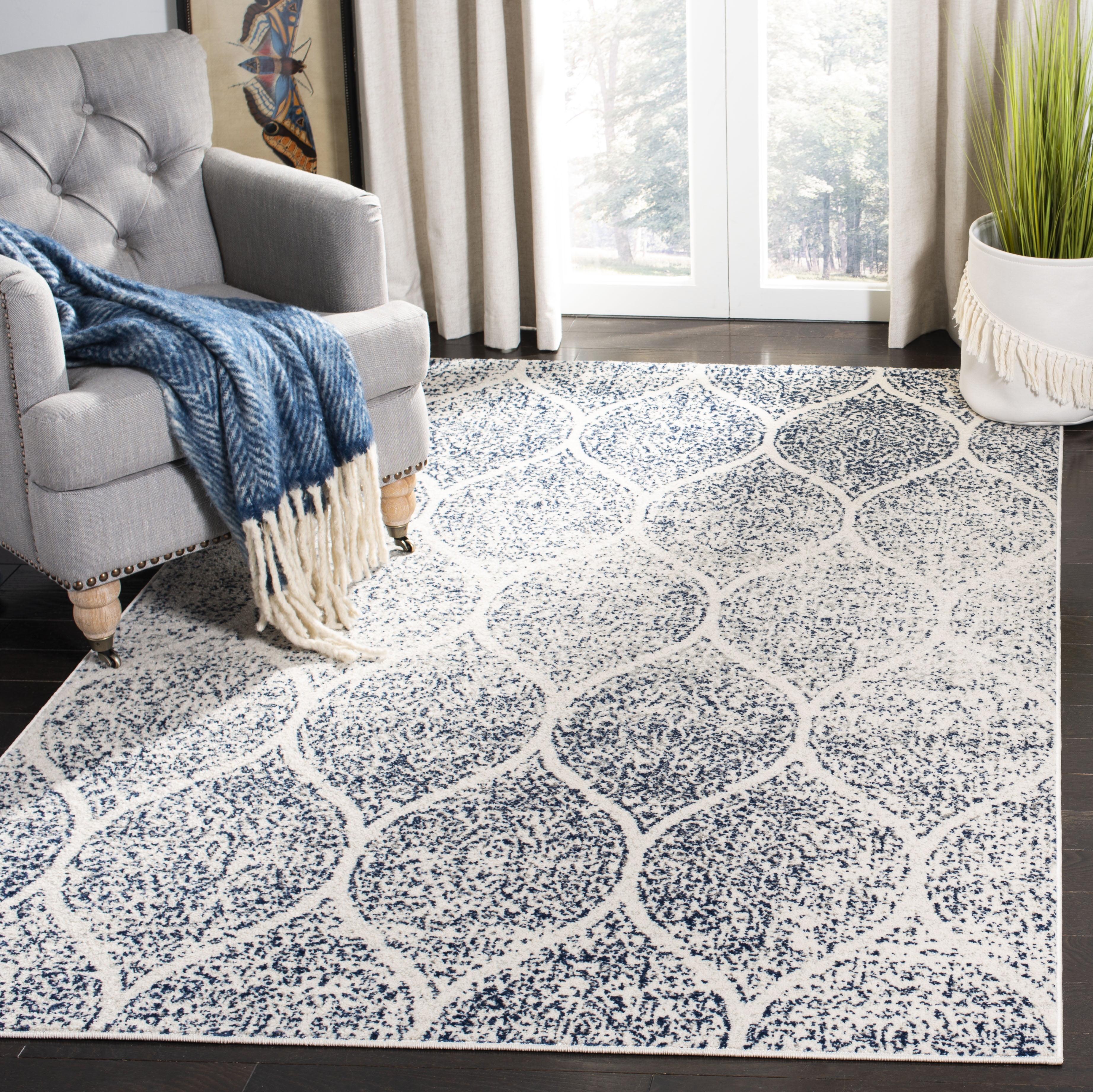 Cream and Royal Blue 5'3" Square Synthetic Easy-Care Area Rug