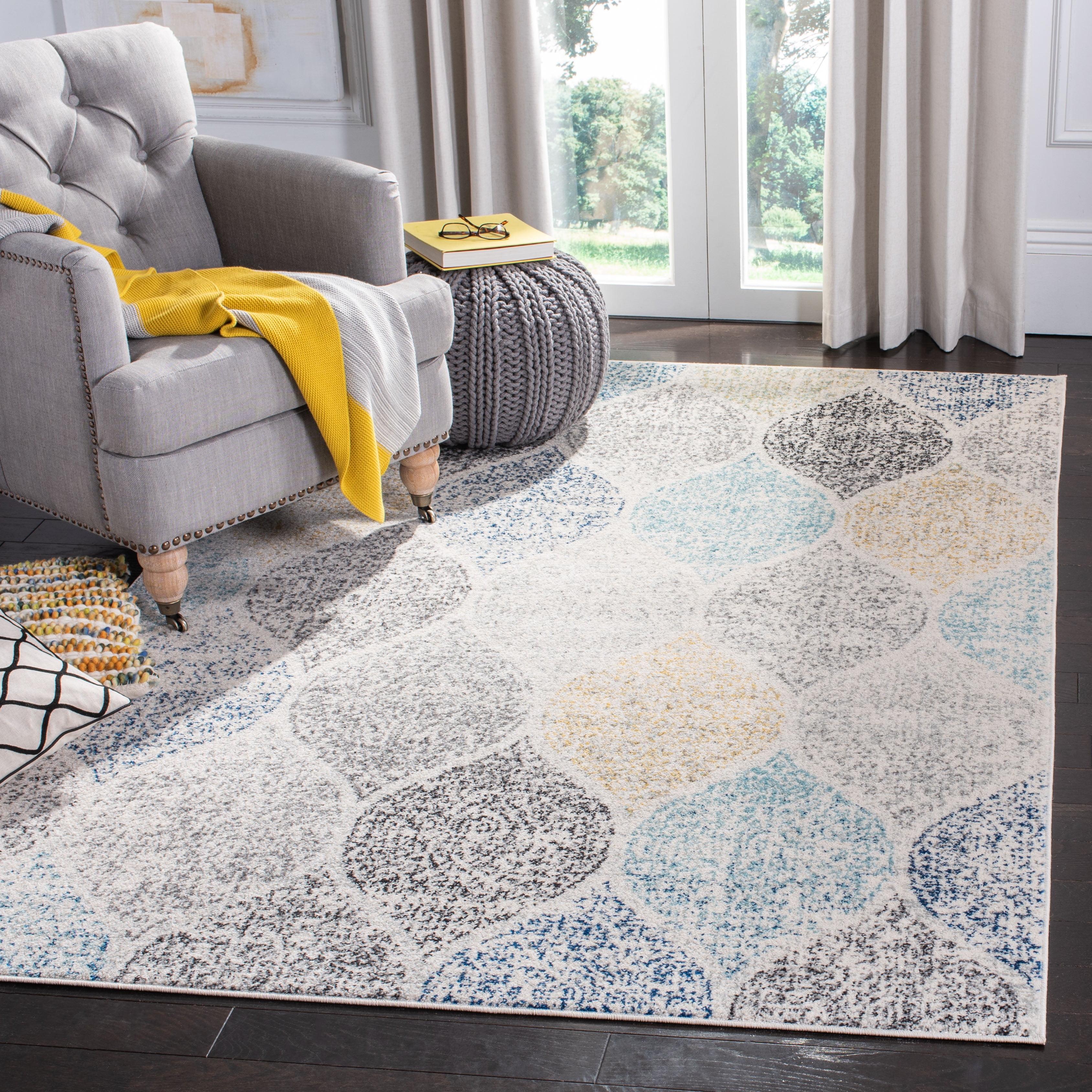 Ivory and Blue 4' Square Synthetic Easy-Care Area Rug