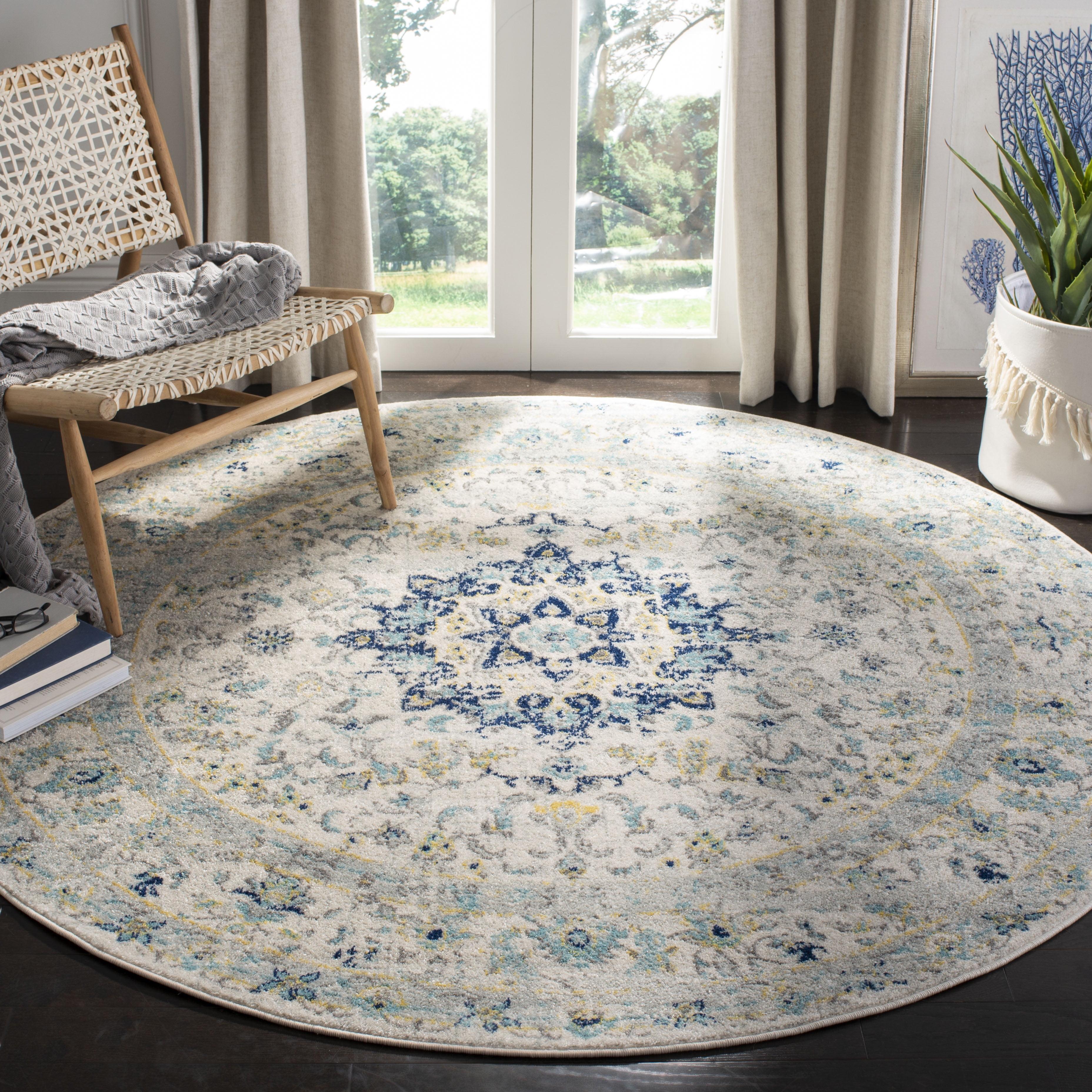 Ivory and Blue Round Synthetic Medallion Area Rug