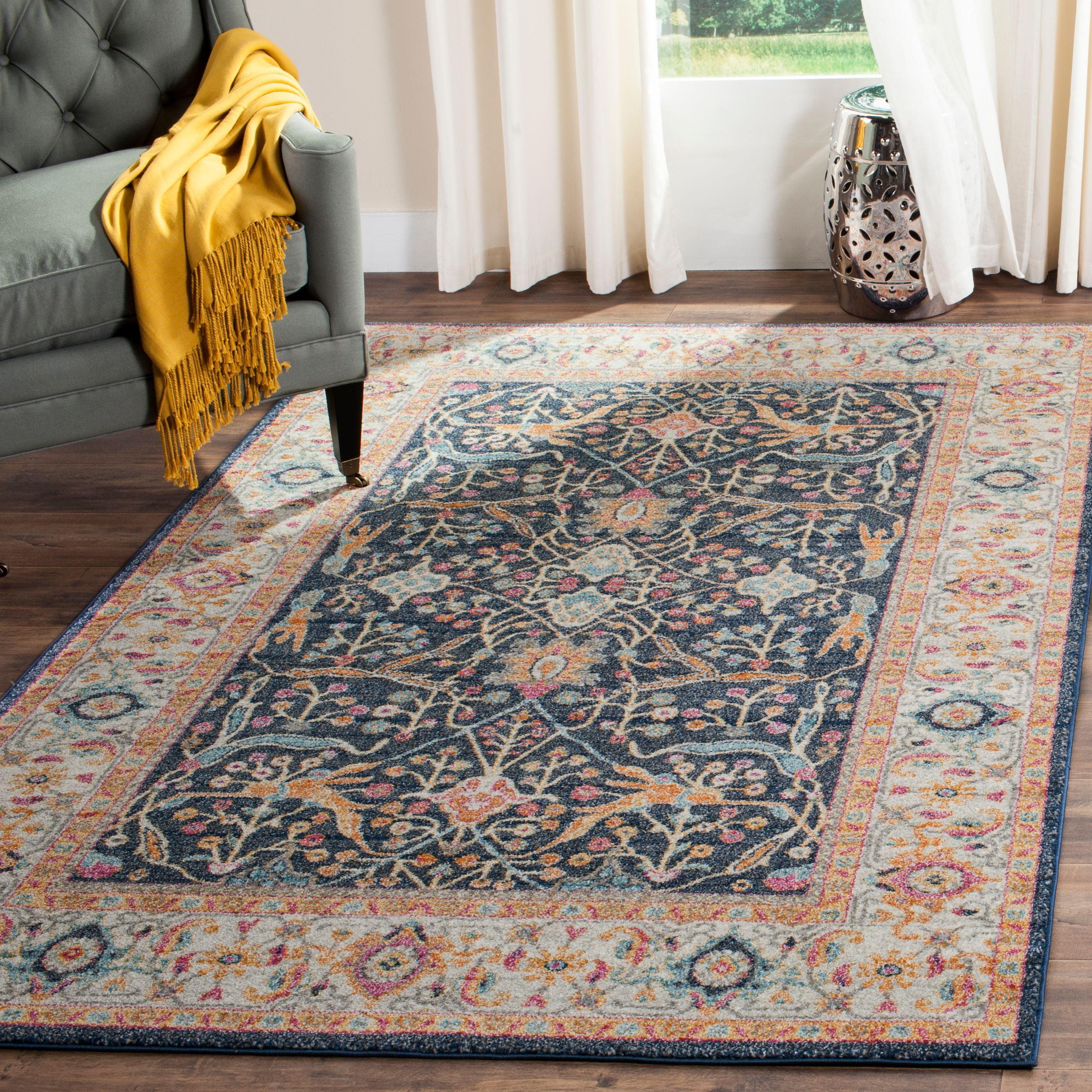 Navy and Creme Floral Motif Low Pile Area Rug