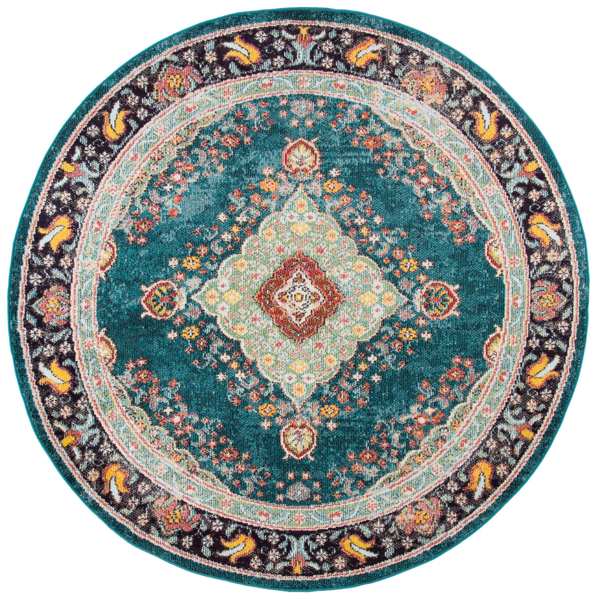 SAFAVIEH Madison Sonam Floral Bordered Area Rug, Navy/Turquoise, 6'7" x 6'7" Round