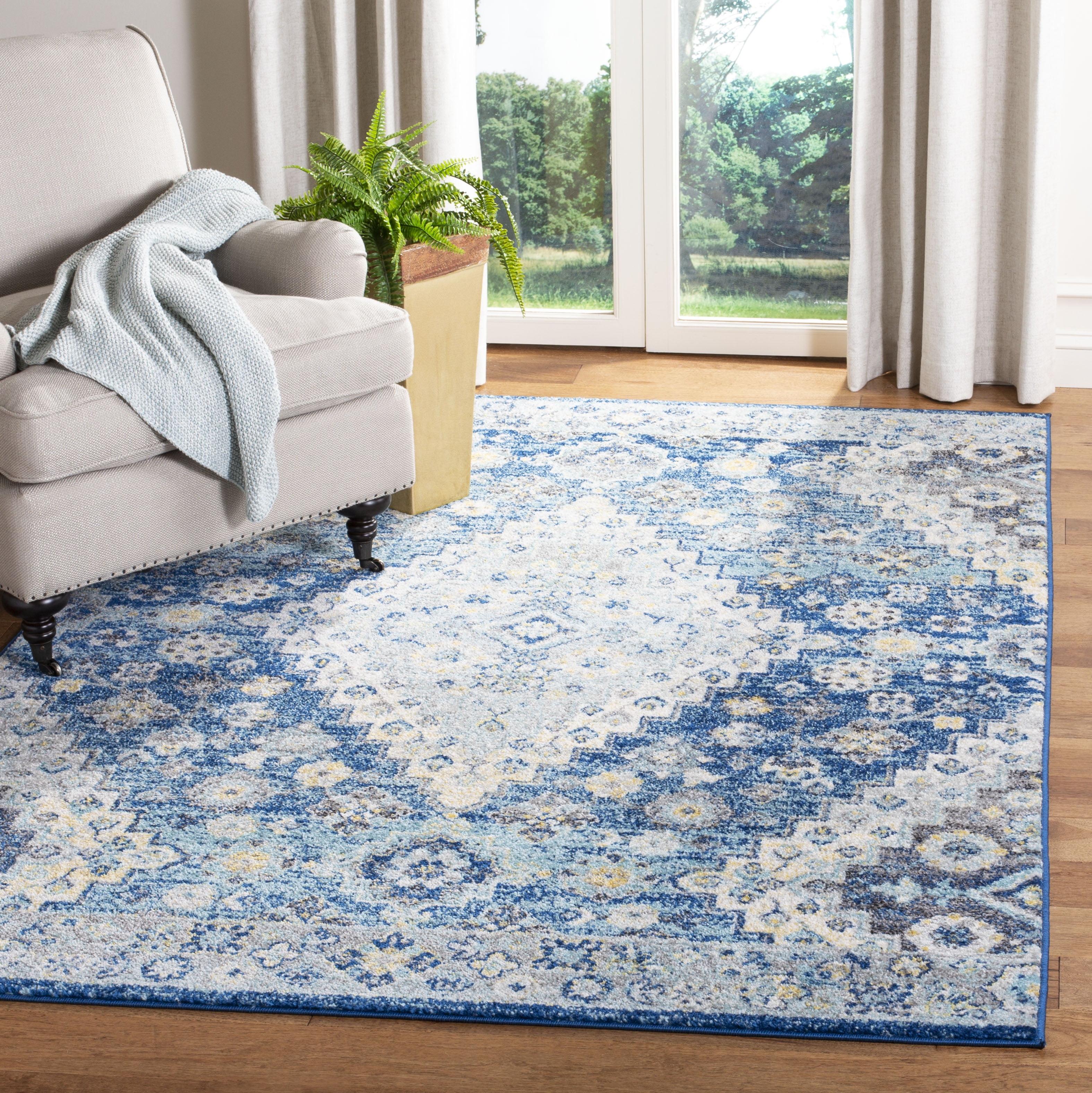 Navy and Cream Geometric Square Area Rug