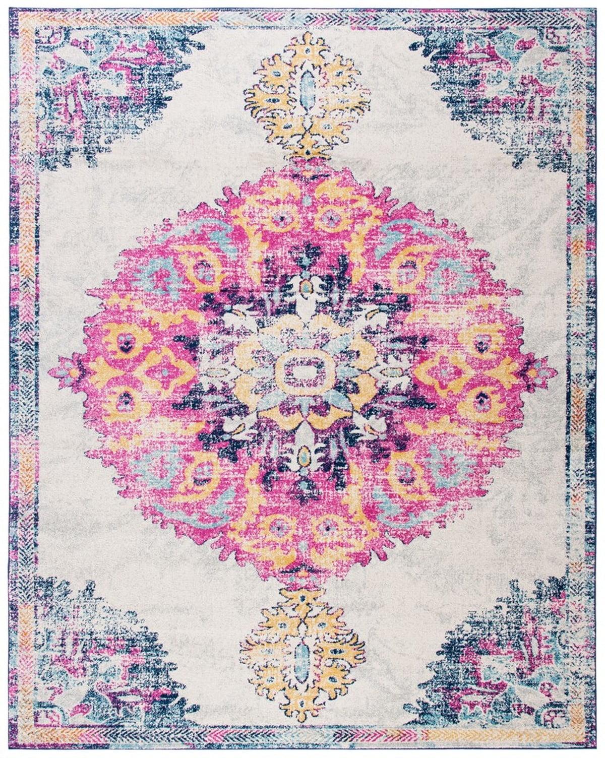 Ivory and Fuchsia Distressed Medallion 8' x 10' Area Rug