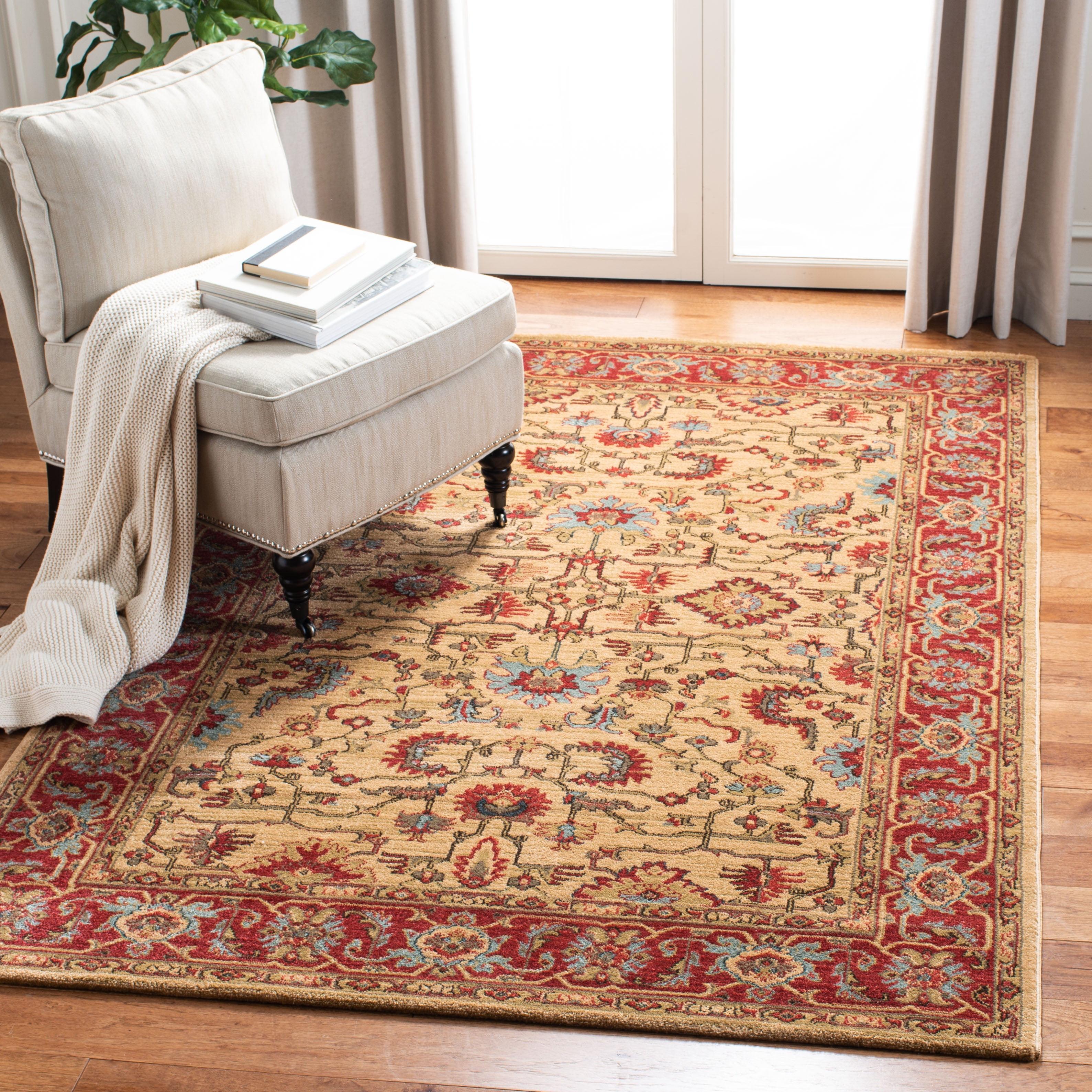 Beige & Red Synthetic Hand-Knotted Easy Care Area Rug, 6'7" x 9'2"