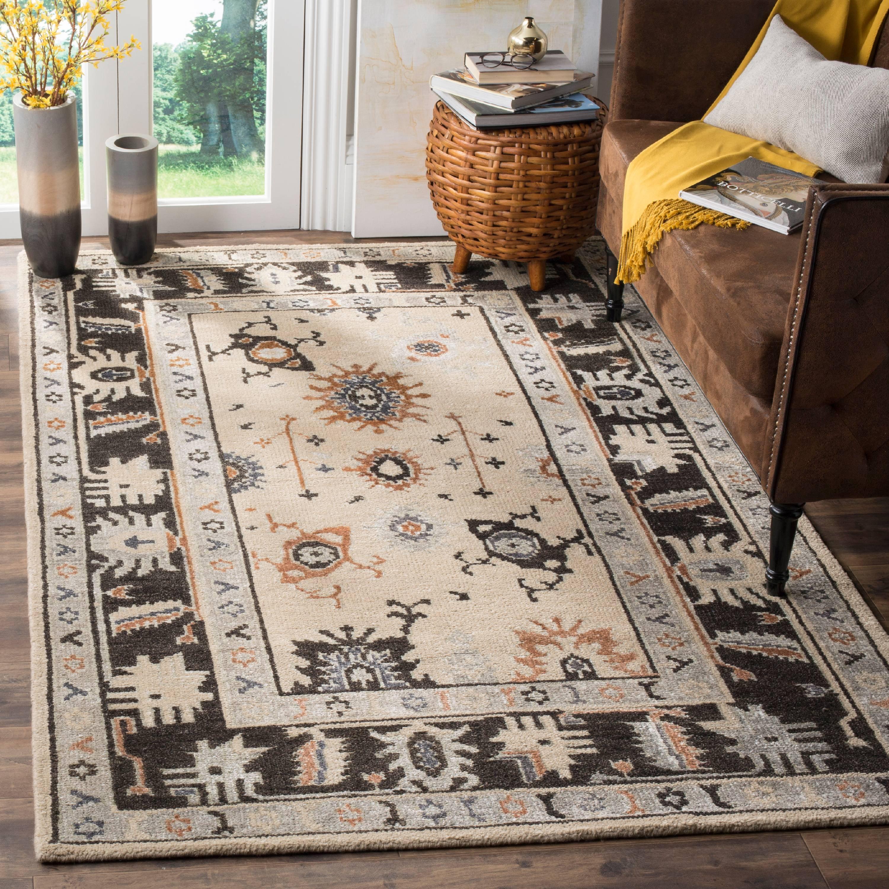 Hand-Knotted Beige and Charcoal Wool Area Rug, 4' x 6'