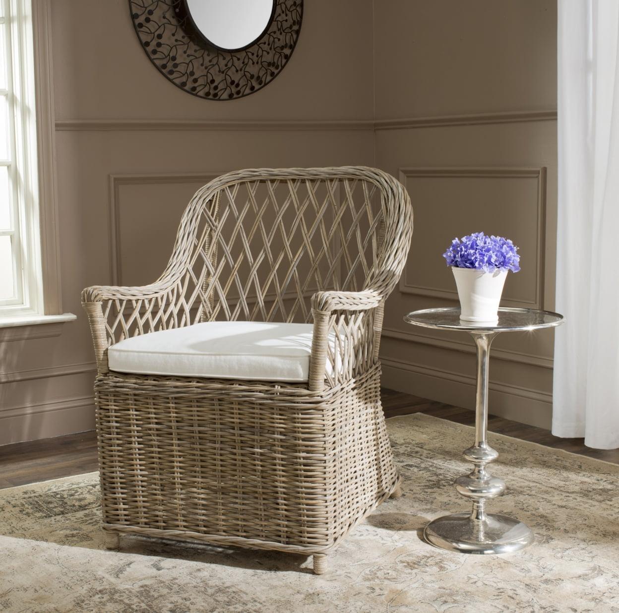 Transitional Rattan Arm Chair with Off-White Cushions