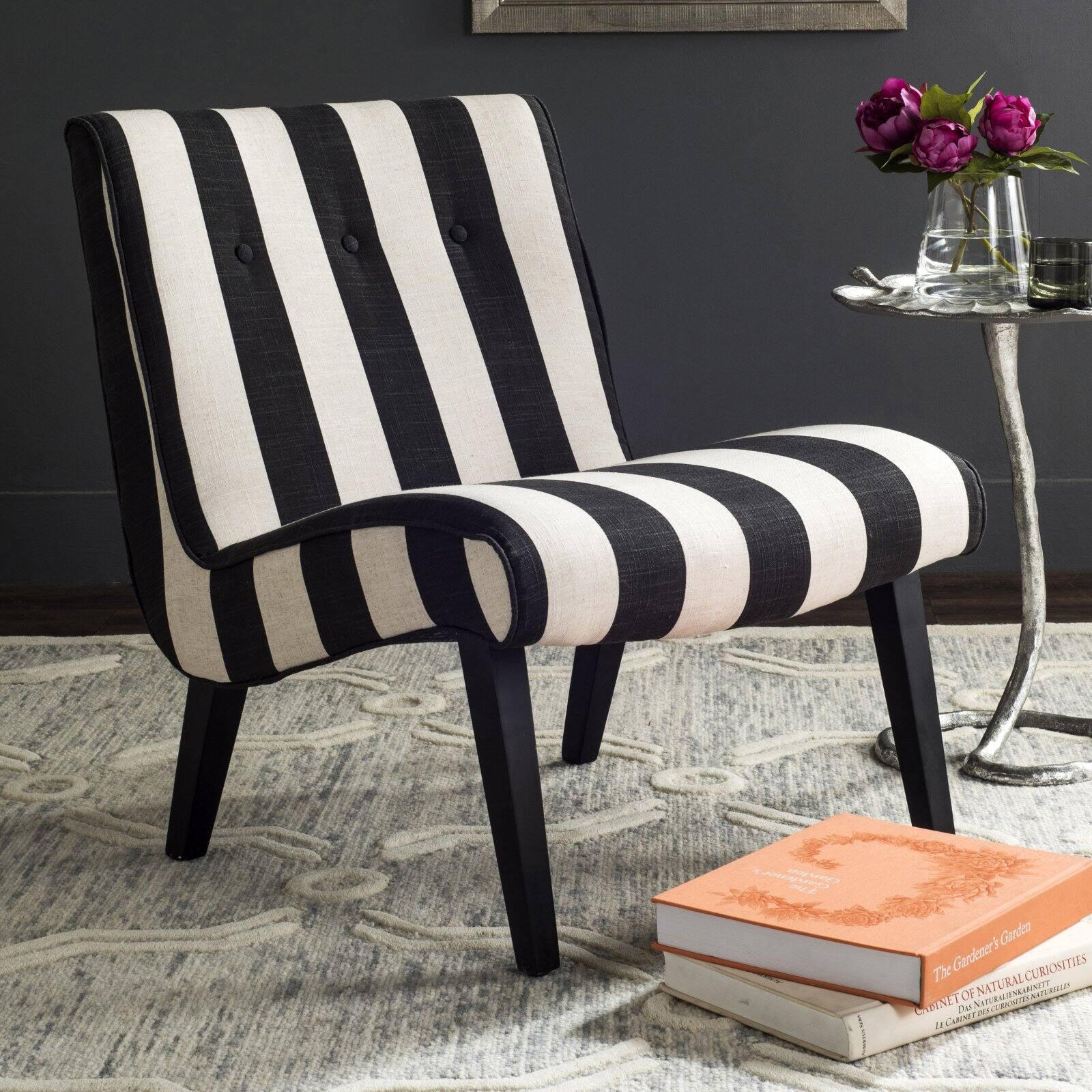 Transitional Black and White Spot Slipper Chair with Wood Legs