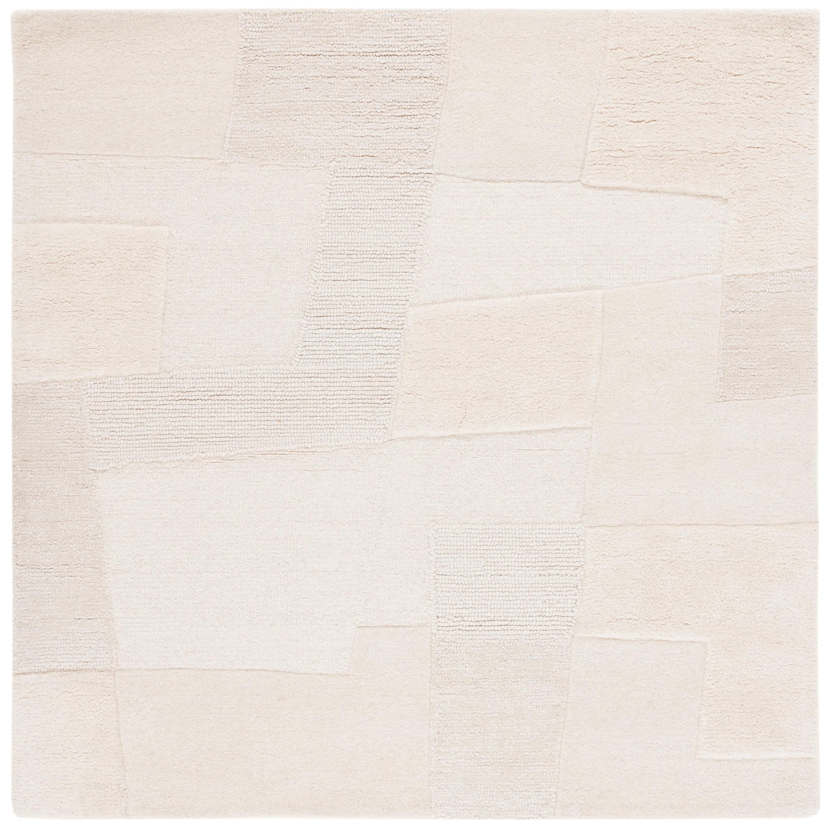 Ivory Geometric Handmade Wool Shag Area Rug, 6' x 6' Square