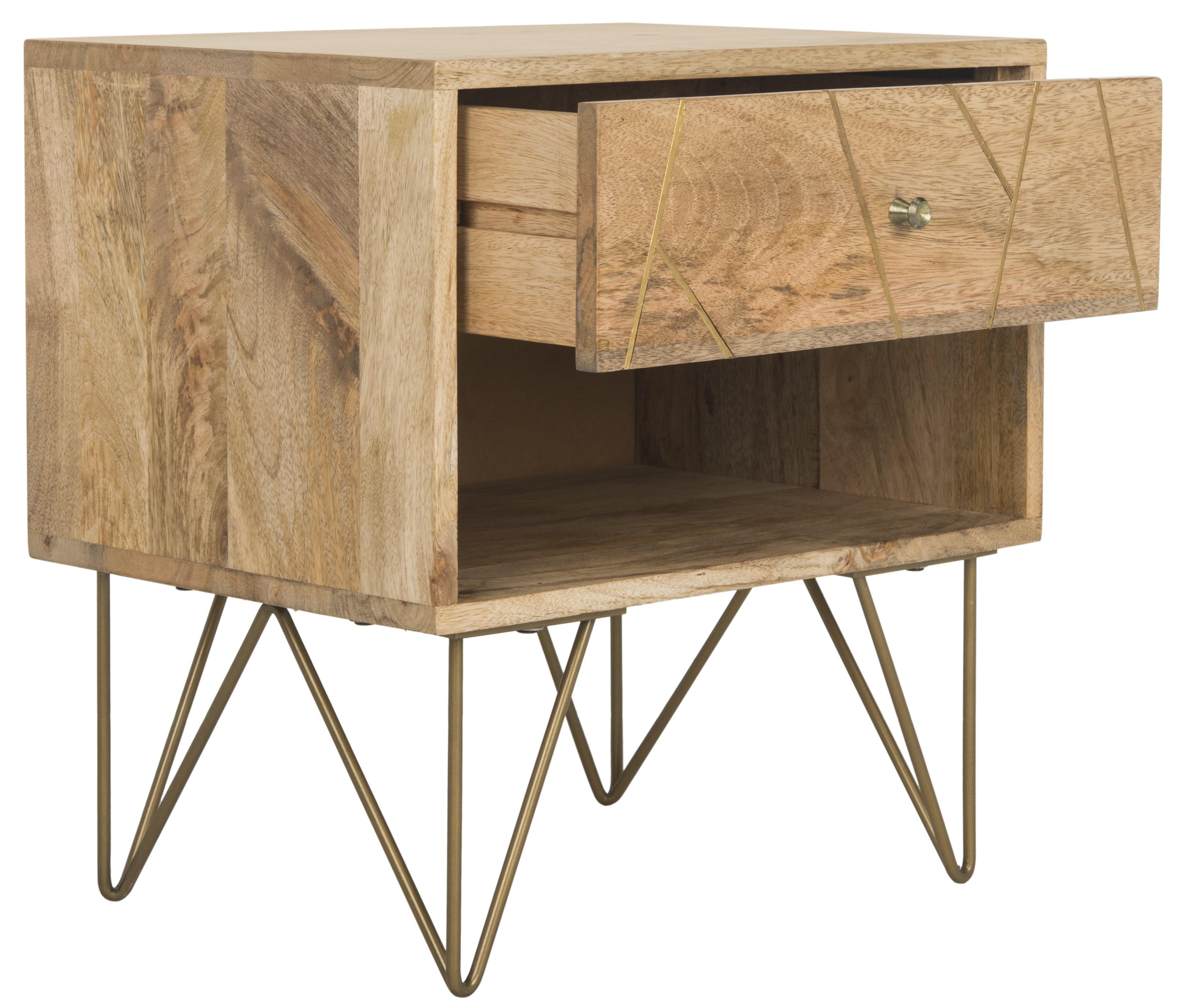 Transitional Brass-Tone Hairpin Leg Nightstand with Geometric Drawer