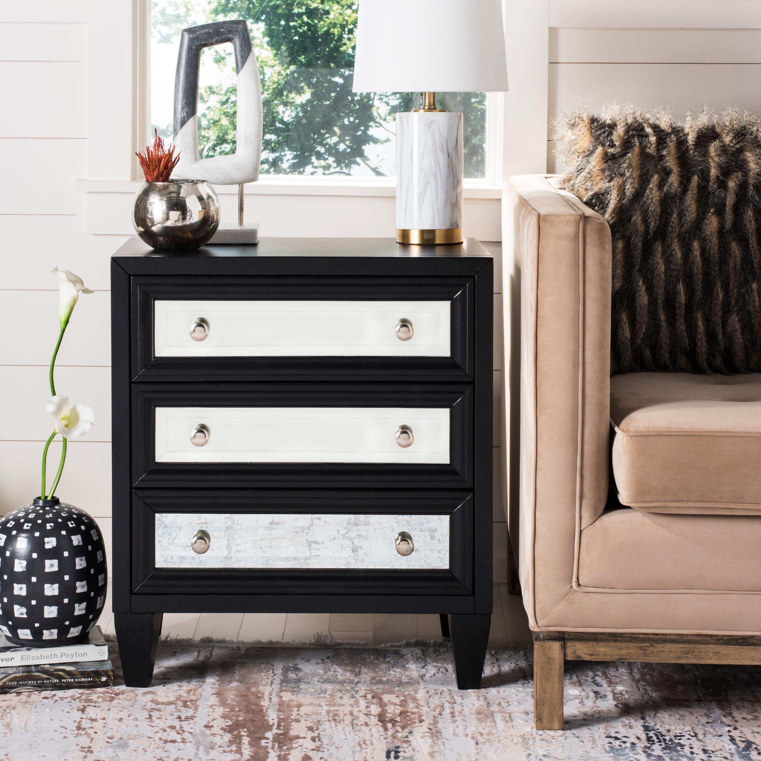 Transitional Black Mirrored 3-Drawer Chest, 25" W