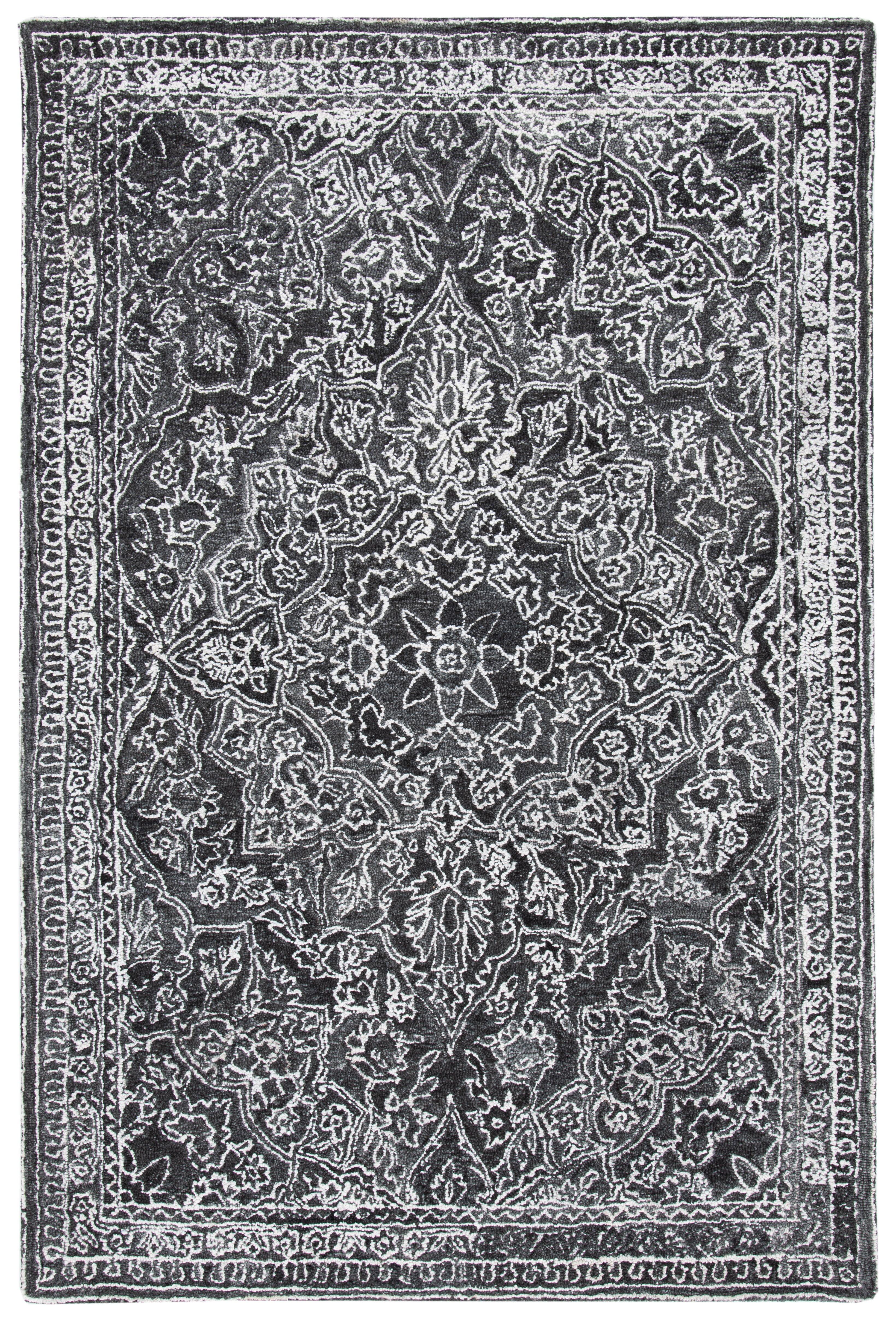 Black and Ivory Hand-Tufted Wool Medallion Rug, 3' x 5'