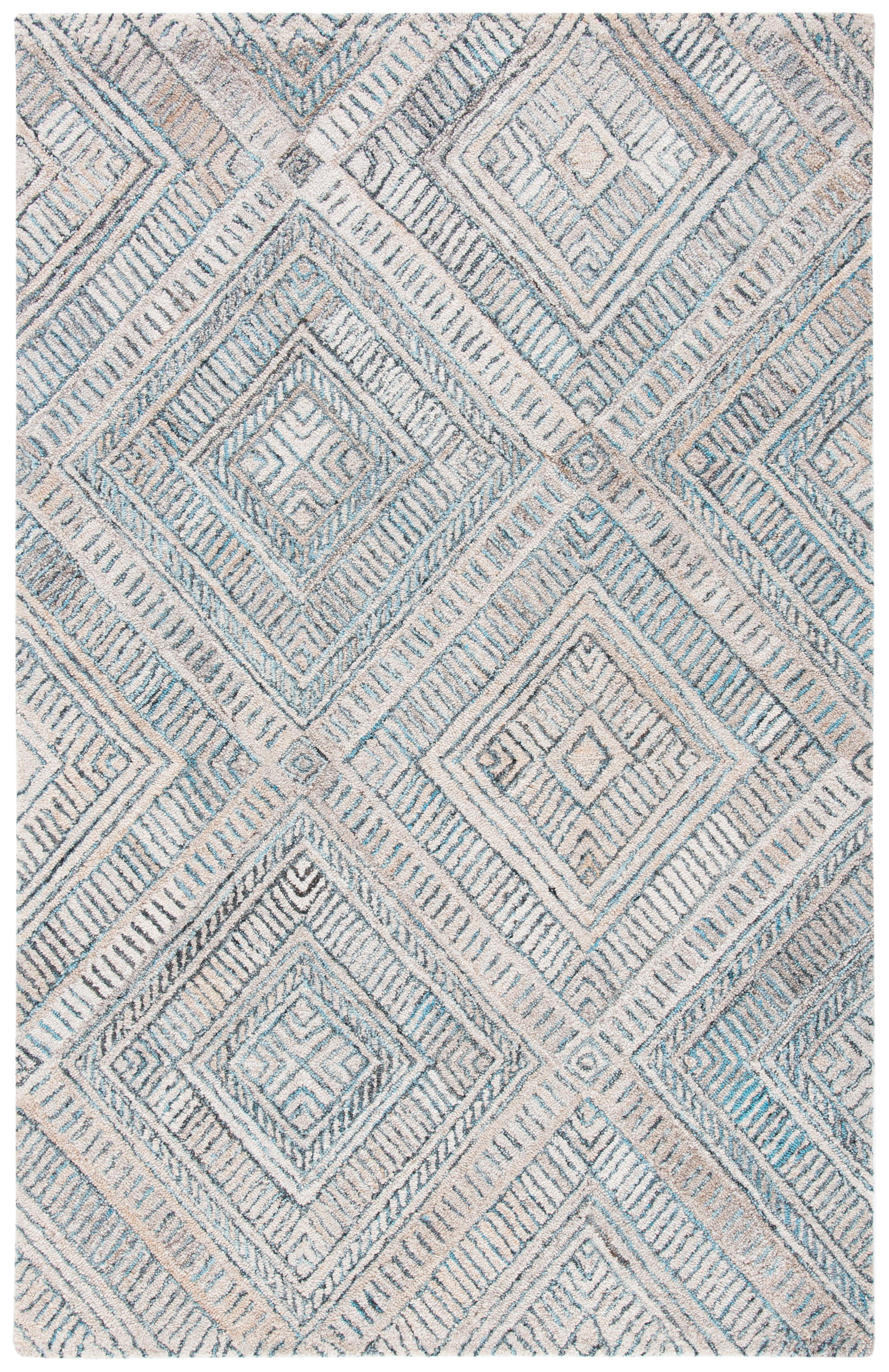 Turquoise and Beige Hand-Tufted Wool Geometric 4' x 6' Area Rug