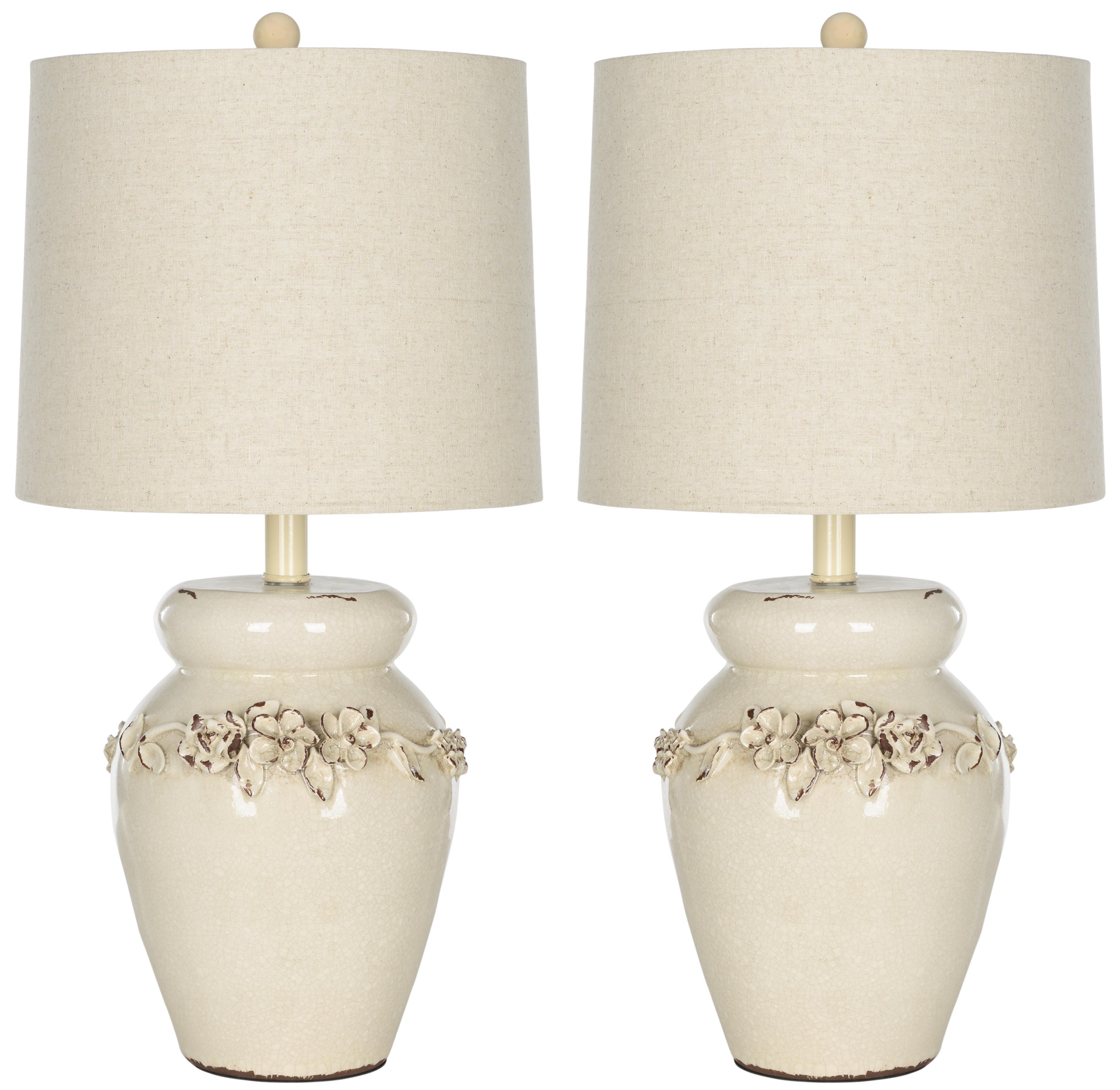 Tuscan Inspired Cream Ceramic Vase Table Lamp Set with Linen Shade