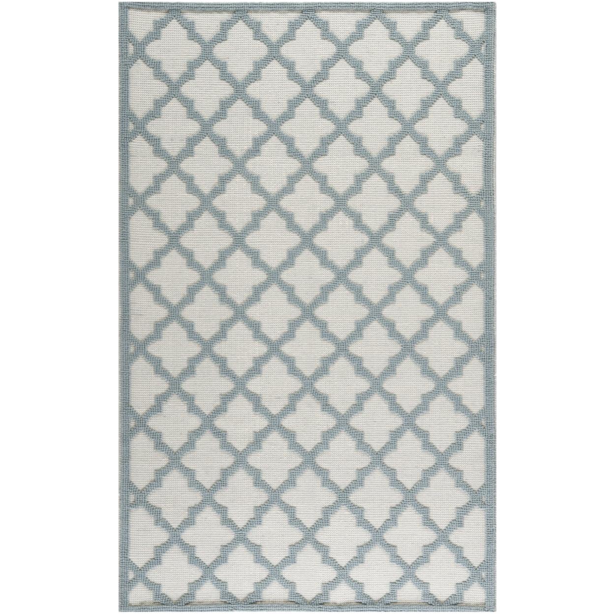 Ivory and Light Blue Geometric Wool Area Rug, 5' x 8'