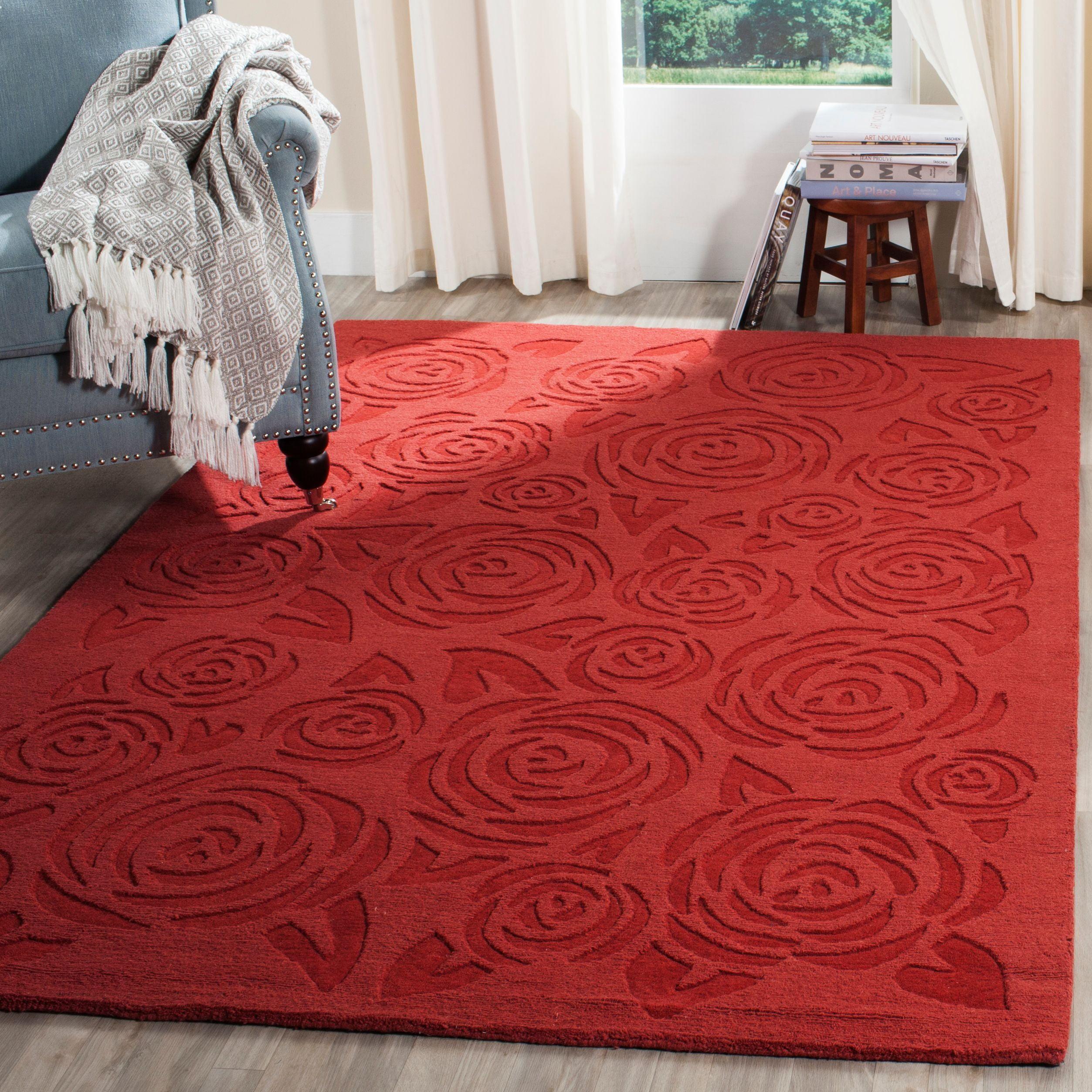 SAFAVIEH Martha Stewart Block Print Rose Floral Wool Area Rug, Vermillion, 9' x 12'