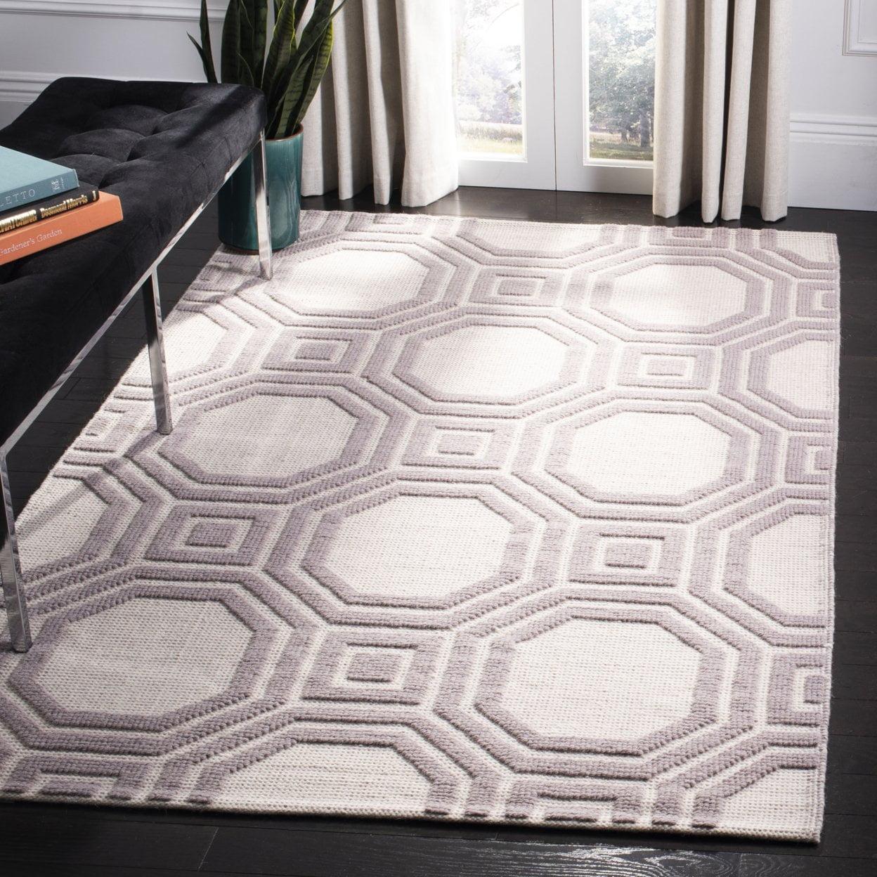 Purple and Ivory Geometric Wool Rectangular Rug 4' x 6'