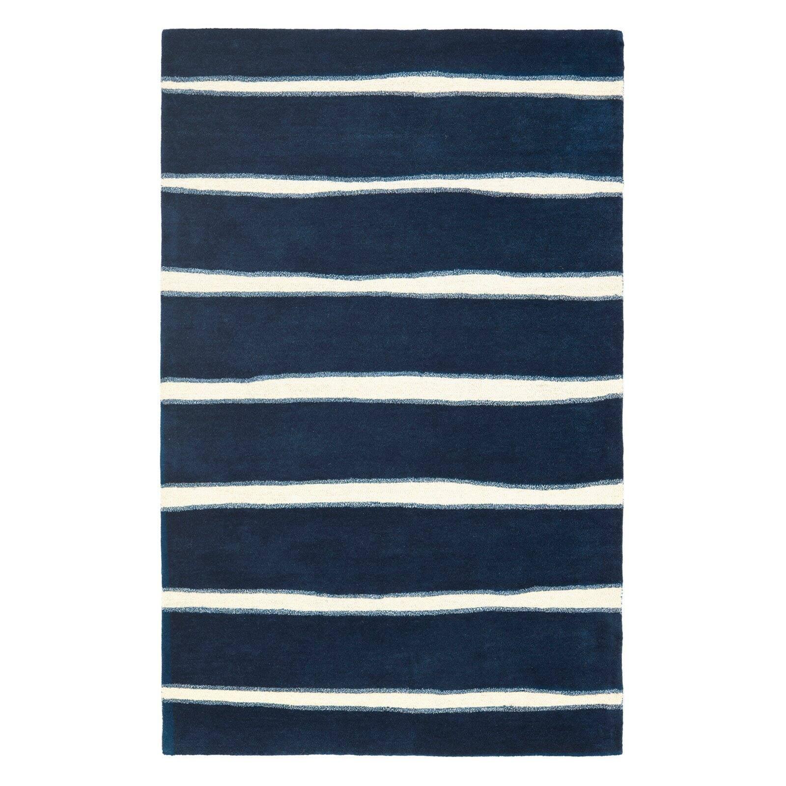 Handcrafted Tufted Wool-Viscose Blend Striped Area Rug in Navy Blue