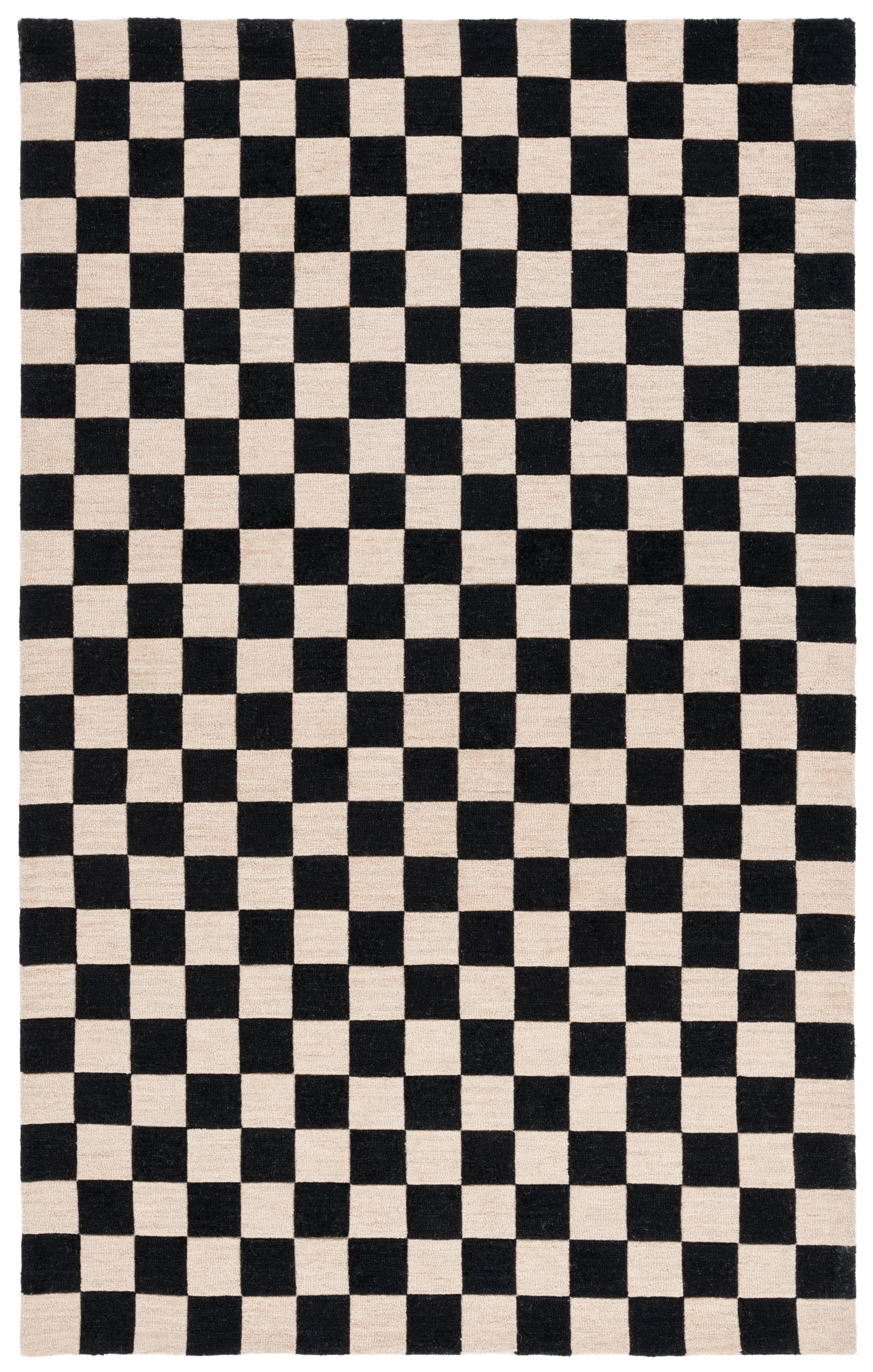 Handmade Black and Beige Checkered Wool Area Rug, 6' x 9'