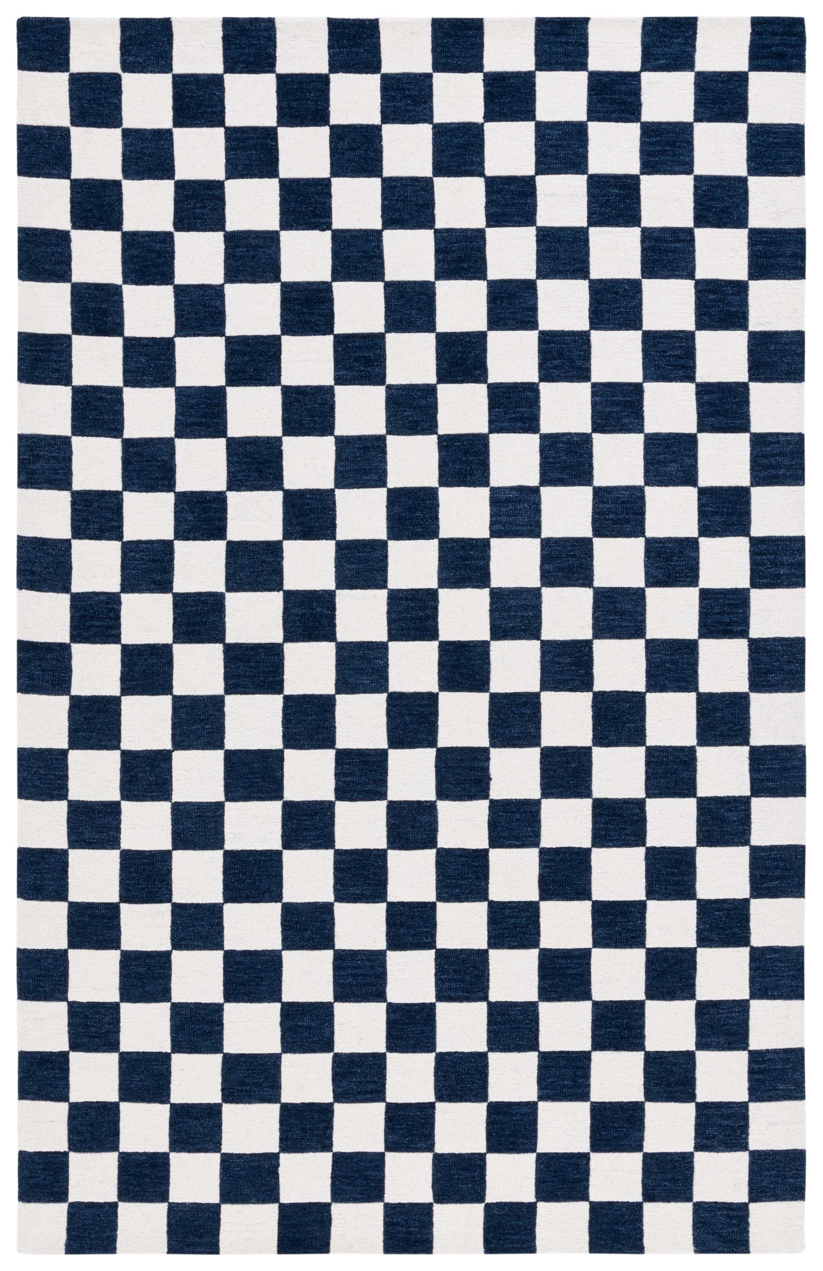 Navy and Ivory Checkered Handmade Wool Area Rug, 3' x 5'