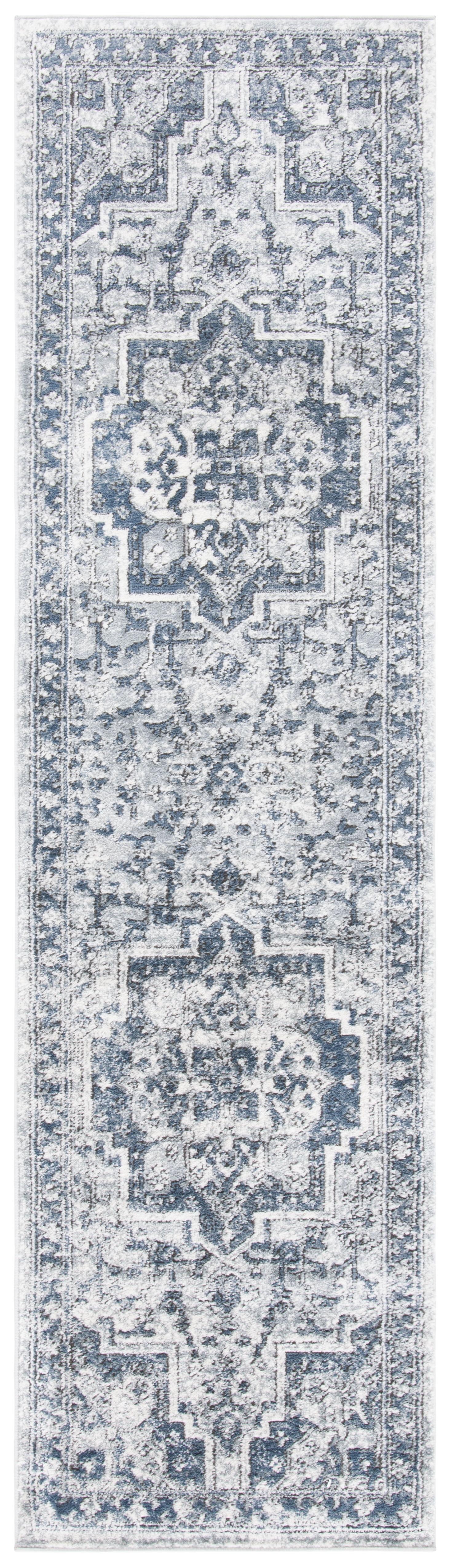 Ivory & Navy Hand-Knotted Synthetic Runner Rug - Easy Care, Stain-Resistant