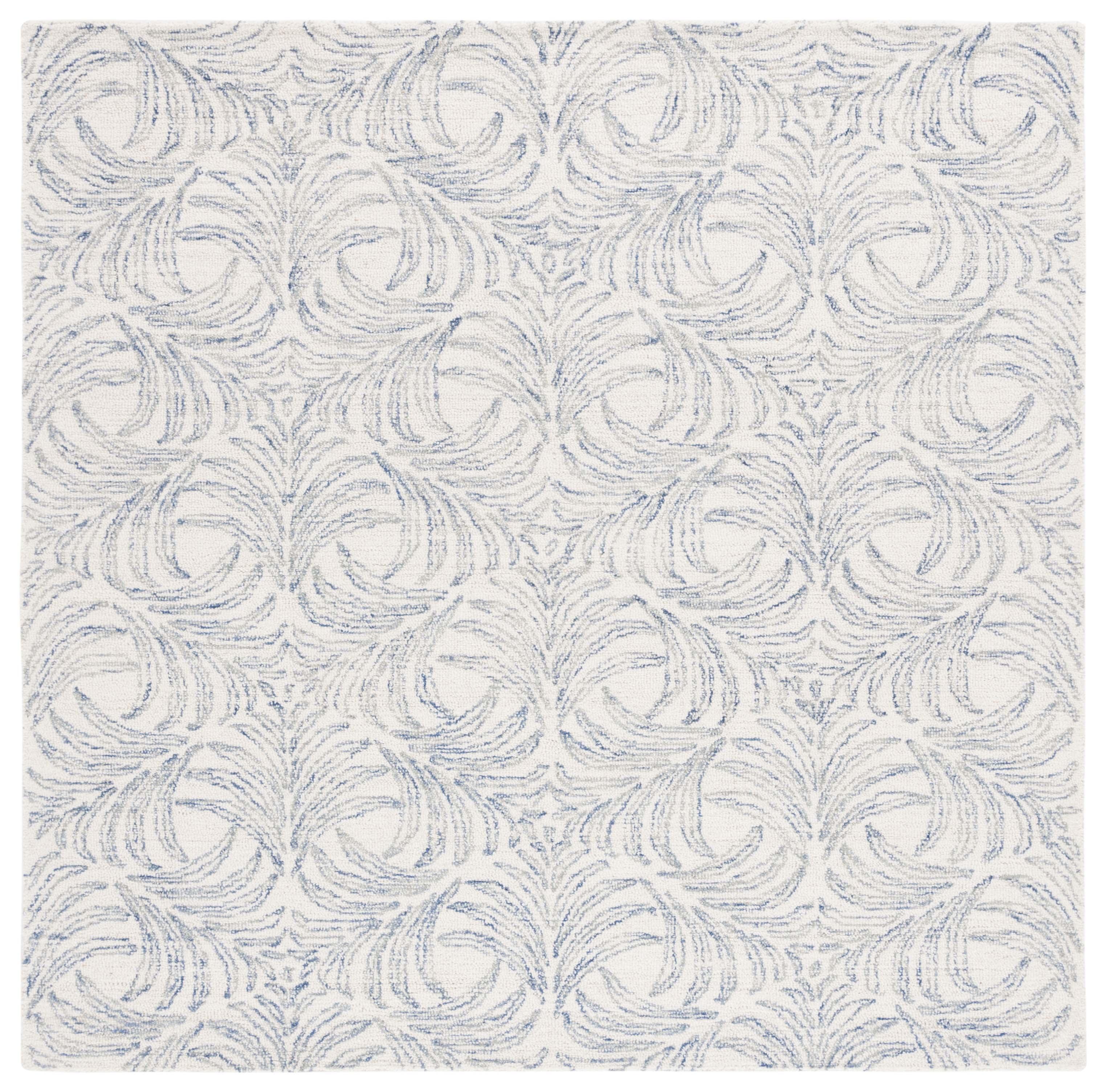 Ivory and Blue 6' x 6' Square Hand-Tufted Wool Silk Rug