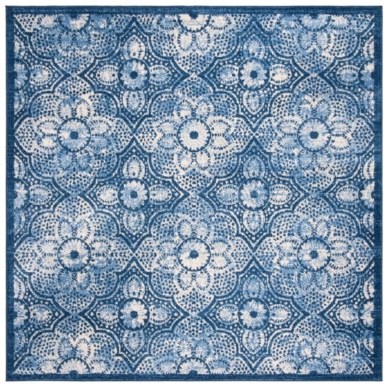 Hand-Knotted Serenity Square Rug in Navy & Cream - Wool & Silk Blend