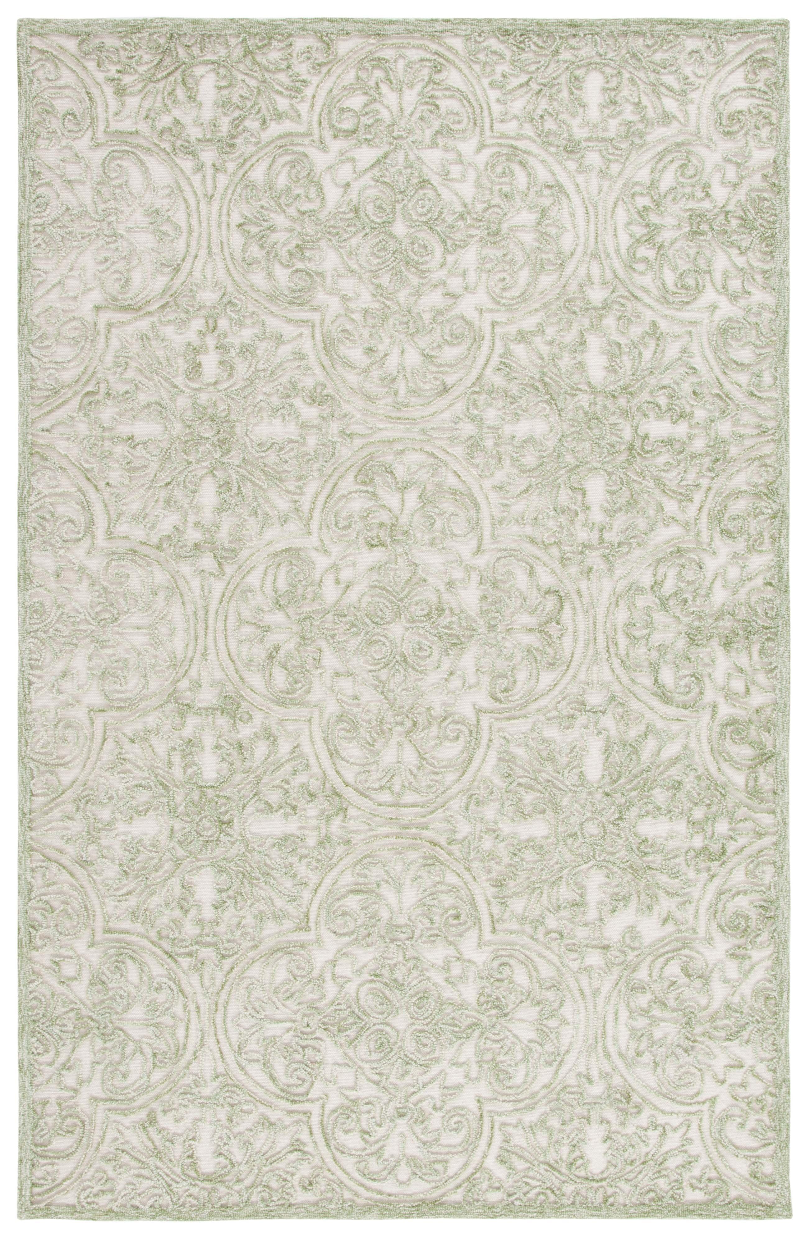 Ivory and Green Hand-Tufted Wool Silk Area Rug, 2'6" x 4'