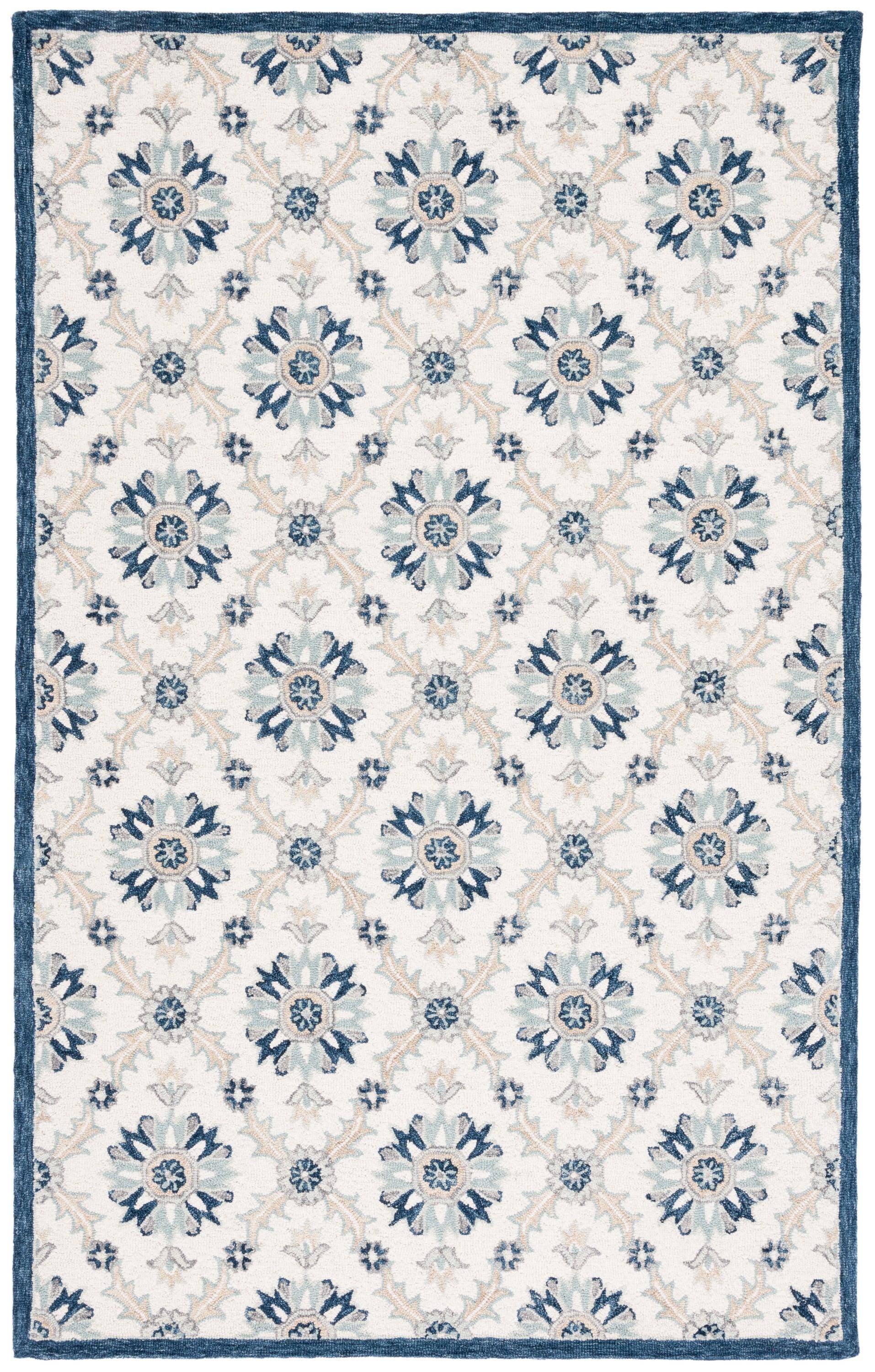 Ivory and Blue Floral Tufted Wool Rug 4' x 6'