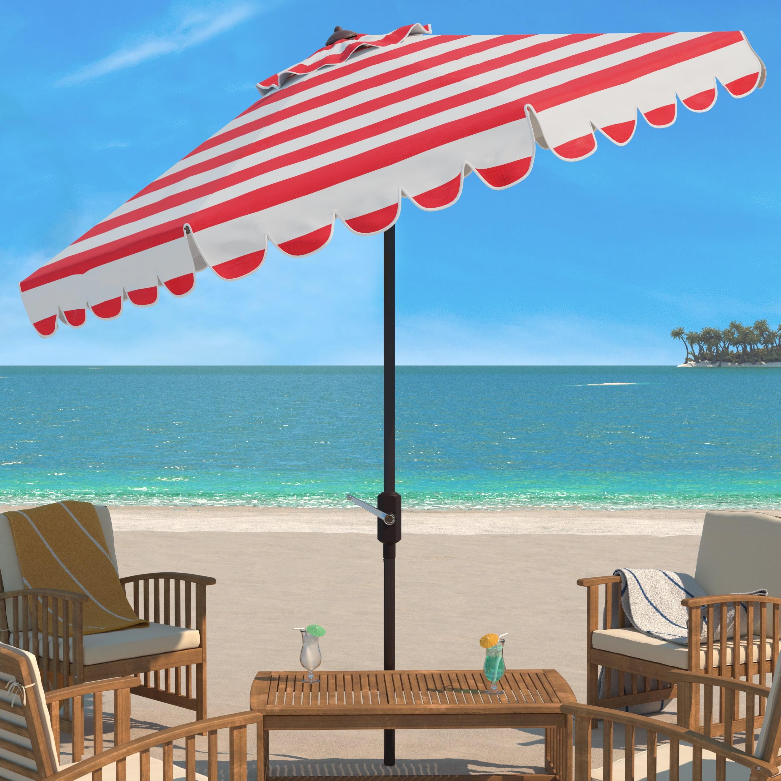 Maui Single Scallop Striped 9Ft Crank Push Button Tilt Umbrella - PAT8011 - Red/White - Safavieh