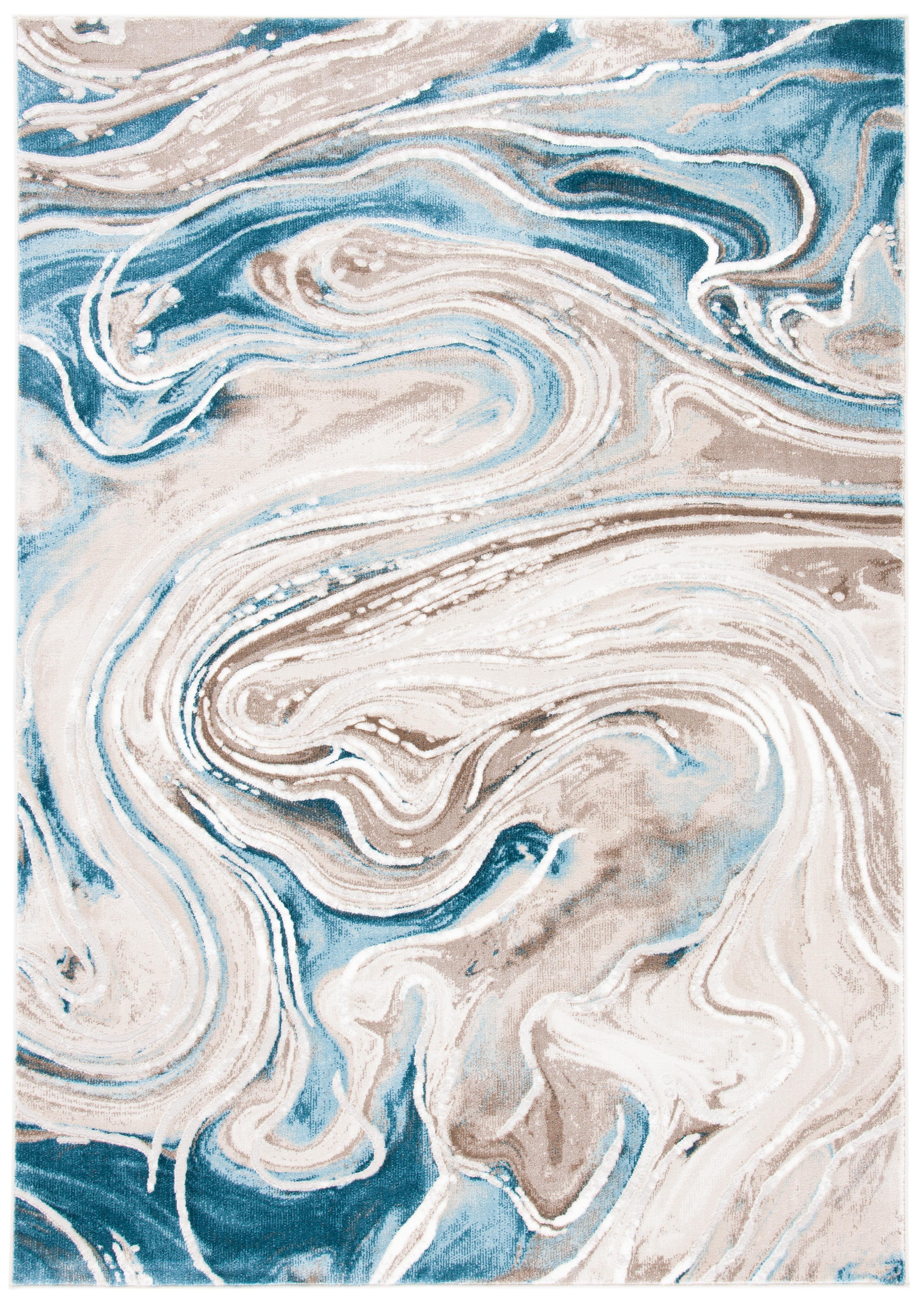 Beige and Blue Abstract Synthetic Area Rug, 9' x 12'