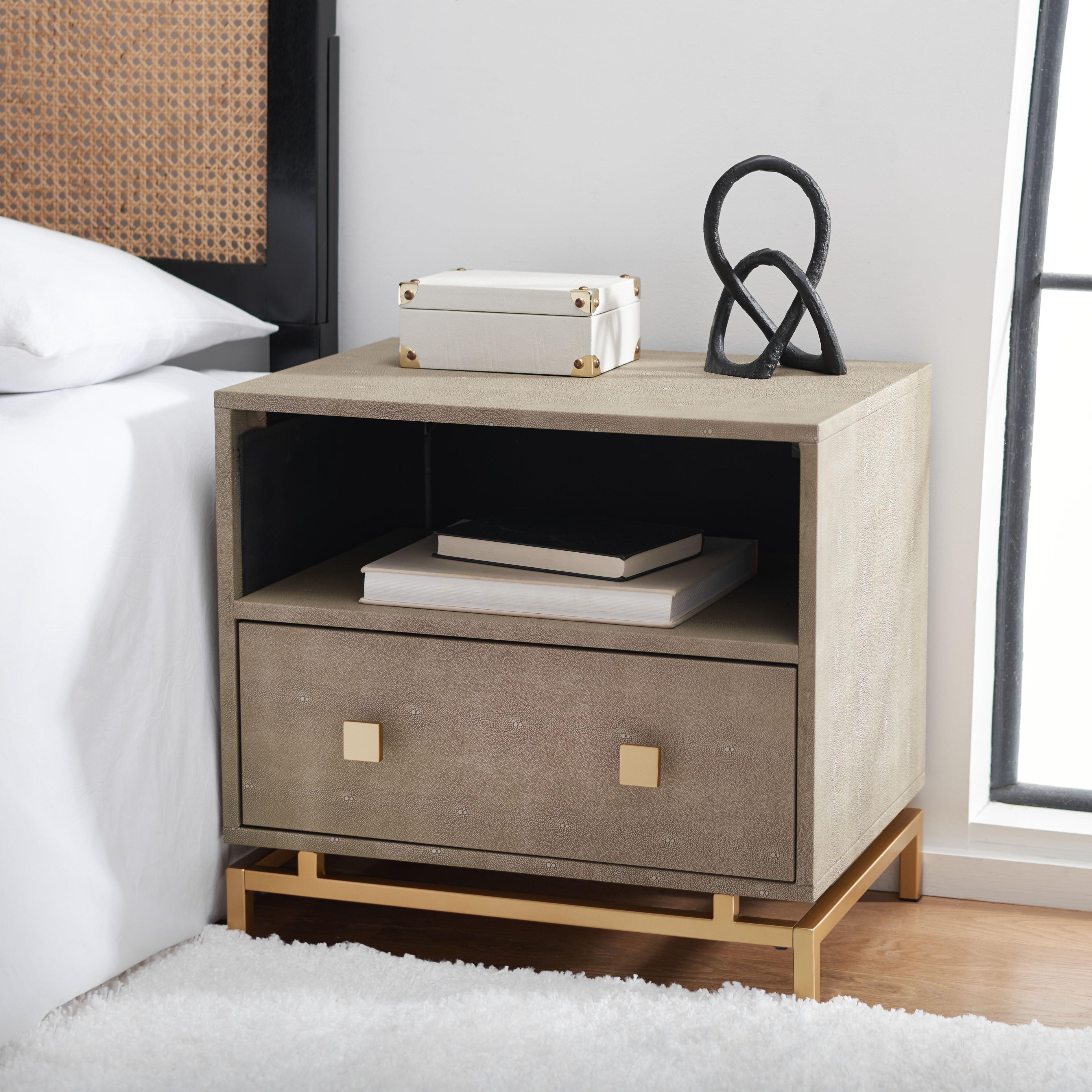 Meilana 1 Shelf 1 Drawer Nightstand - Light Taupe/Brass - Safavieh.