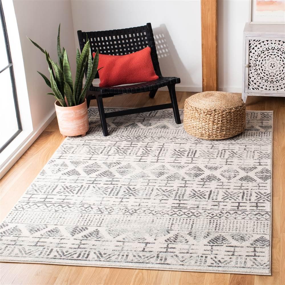 Ivory and Grey Geometric Synthetic Area Rug