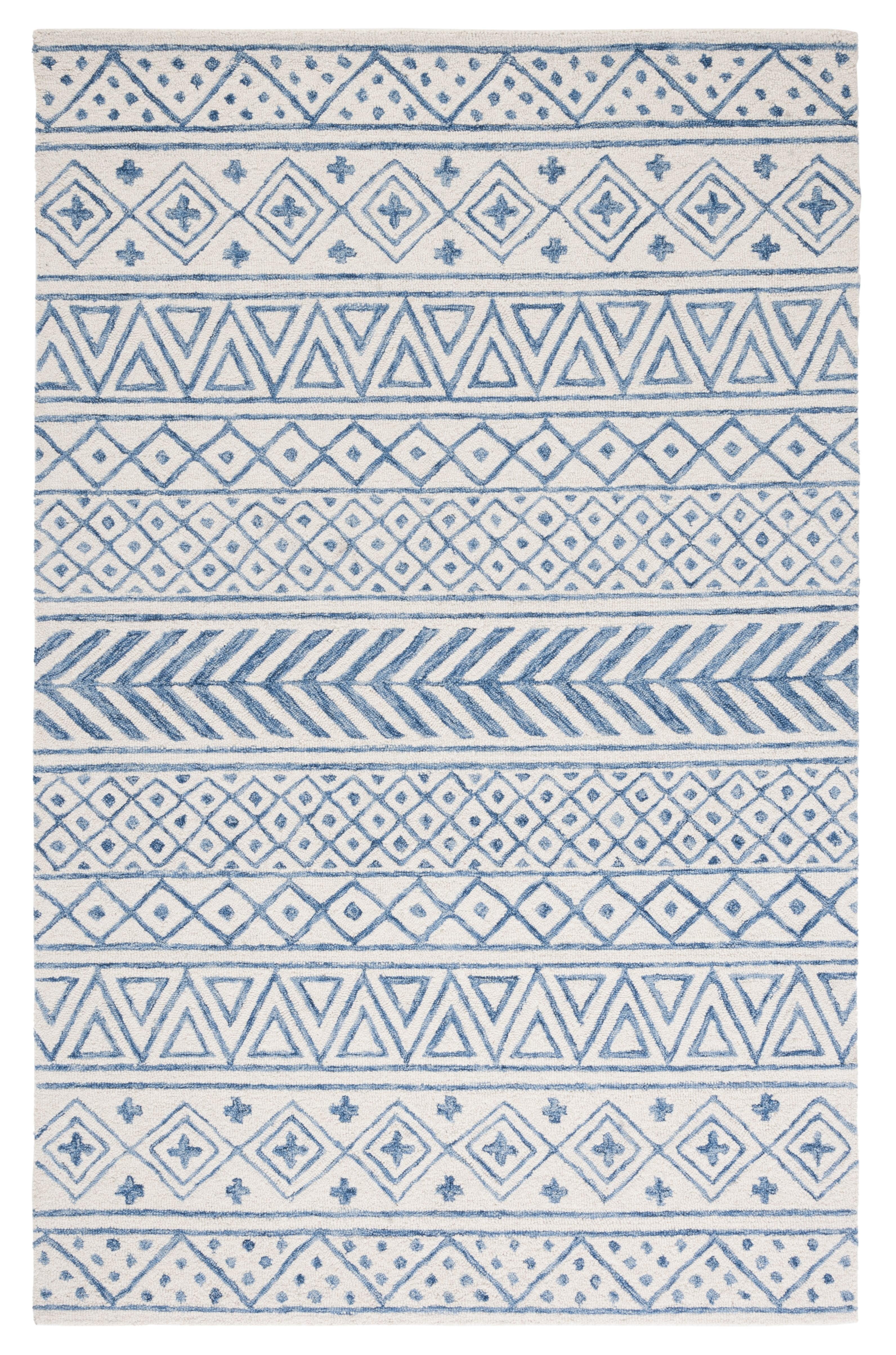 Ivory and Blue Hand-Tufted Wool Area Rug, 5' x 8'