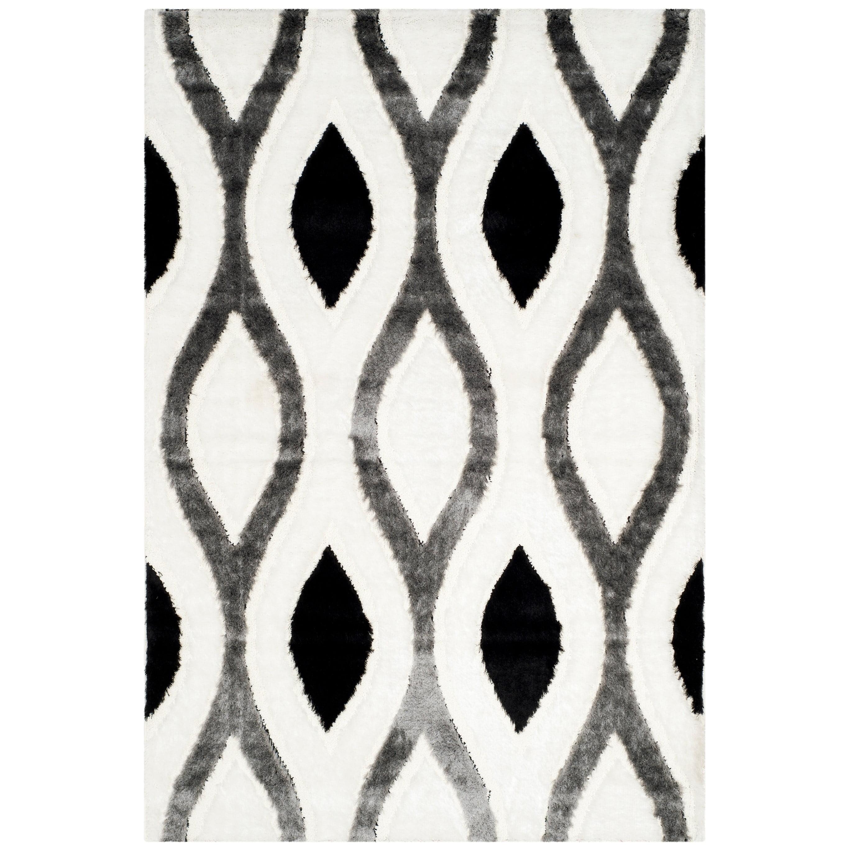 Ivory and Grey Geometric Tufted Shag Rug, 3' x 5'