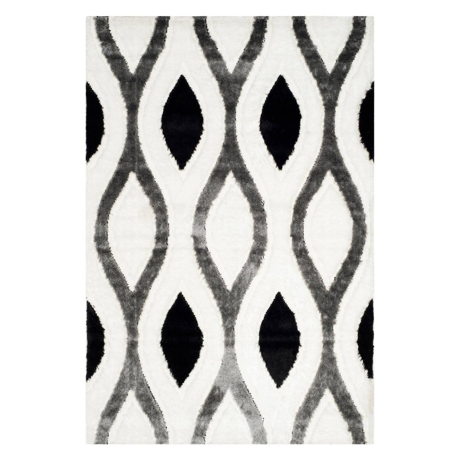 Ivory and Grey Geometric Tufted Shag Rug, 3' x 5'