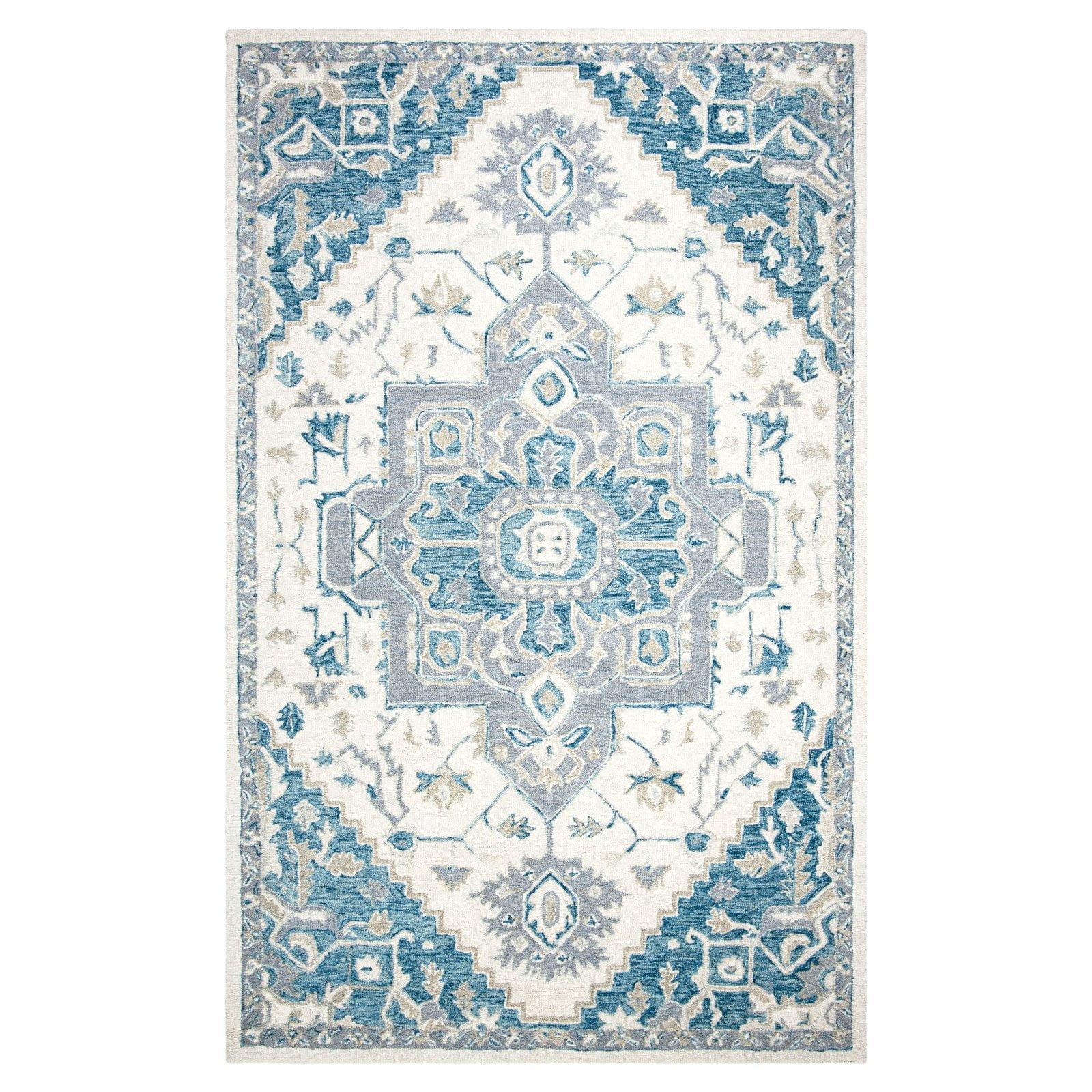 Ivory Navy Hand-Tufted Wool 5' Square Area Rug