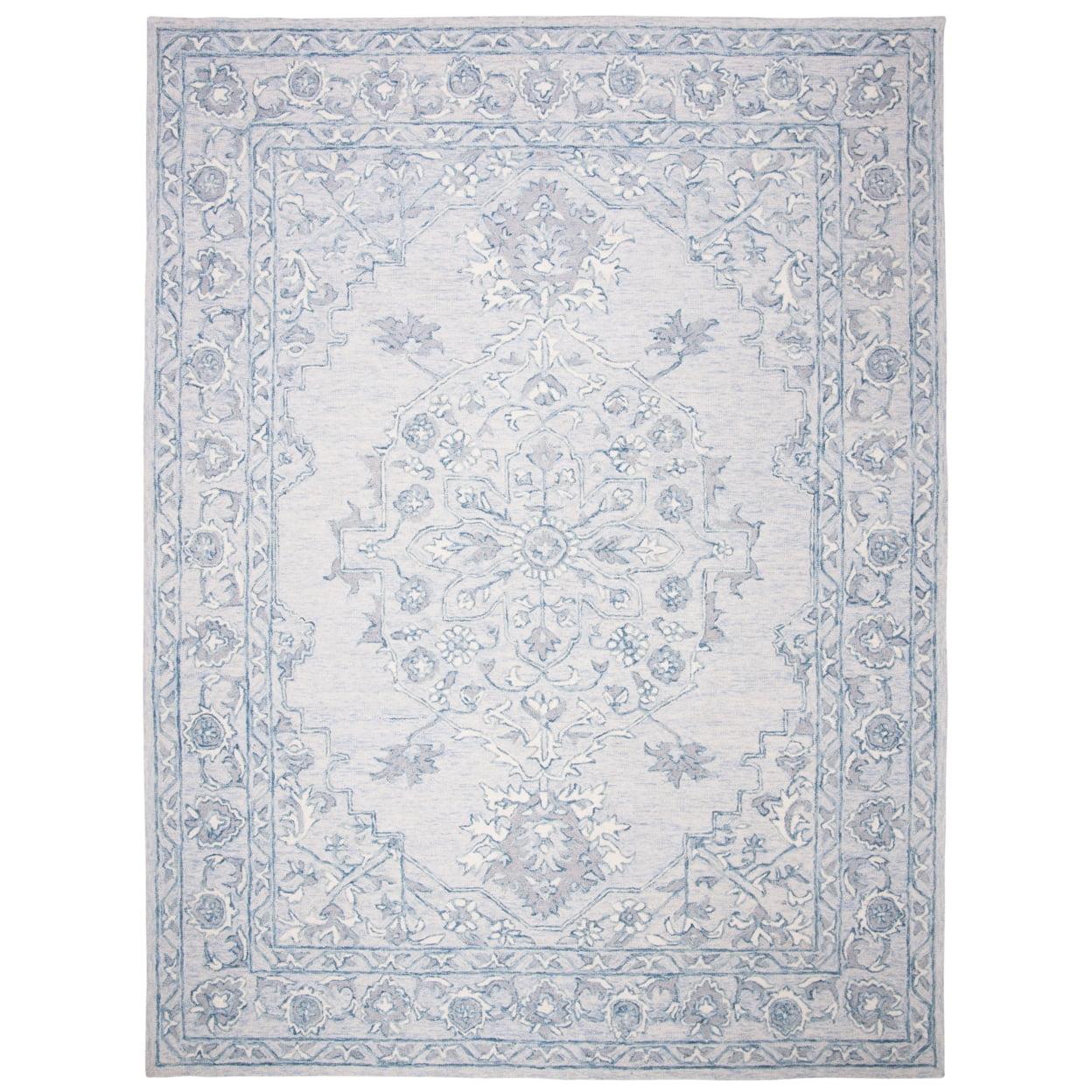 SAFAVIEH Micro-Loop Britton Floral Bordered Wool Area Rug, Light Blue/Ivory, 9' x 12'