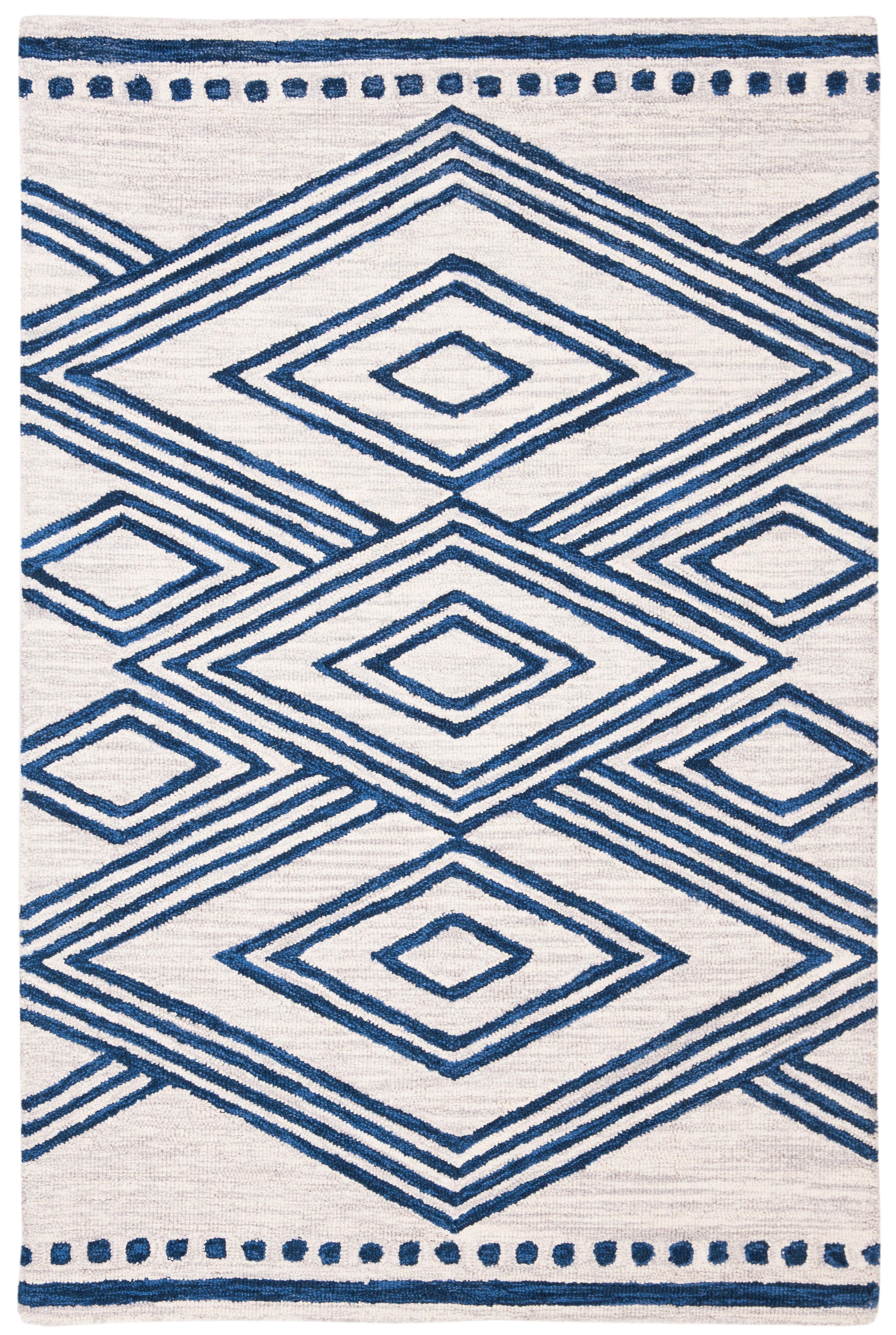 SAFAVIEH Micro-Loop Glenda Geometric Aztec Wool Area Rug, Ivory/Navy, 3' x 5'